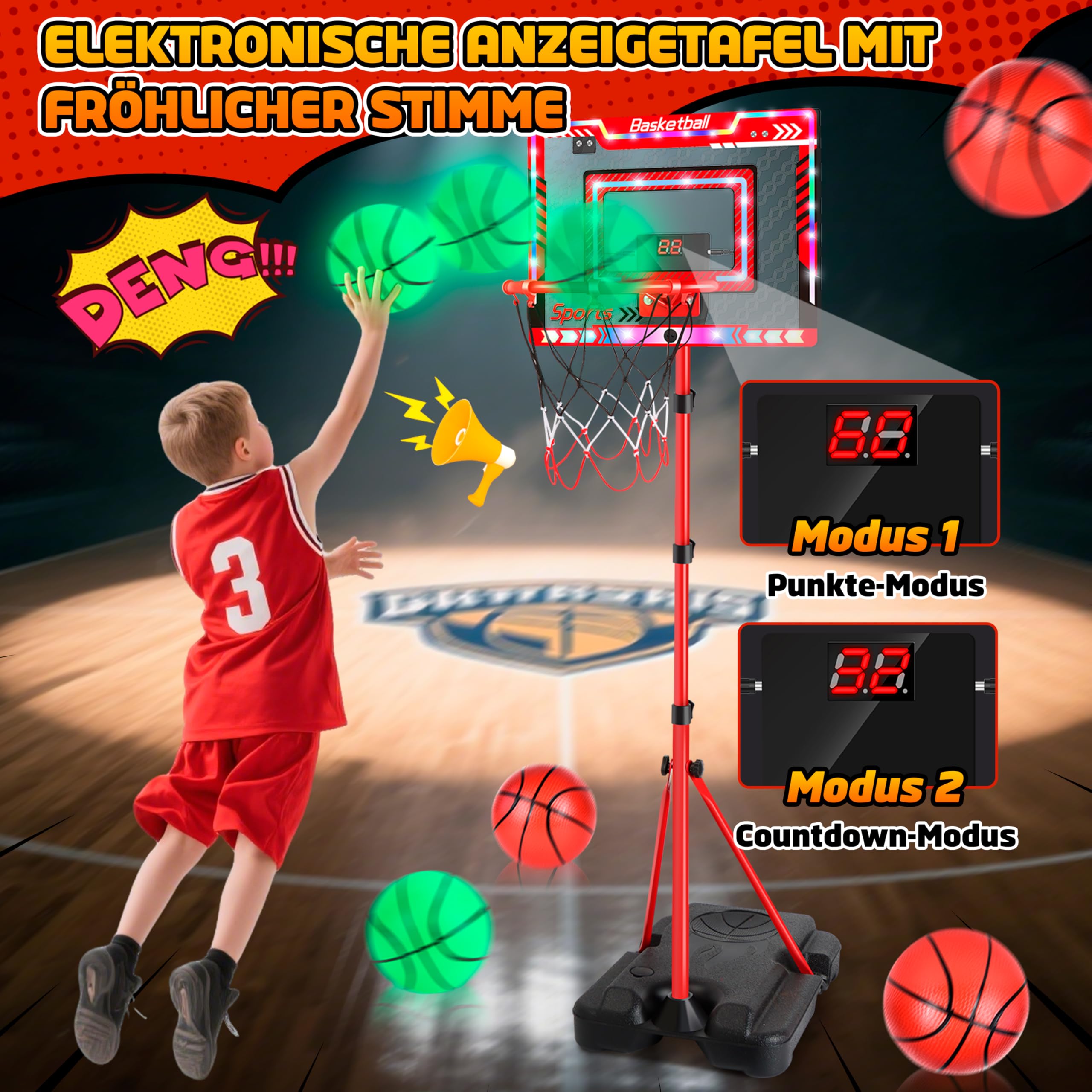 Charmofun Basketballkorb für Kinder, Höhenverstellbar 105-183cm, Kinderspielzeug Basketball Hoop mit 5 Ball, Basketball Korb mit Anzeigetafel, Lichter, Indoor Outdoor Spielzeug für Jungen Mädchen