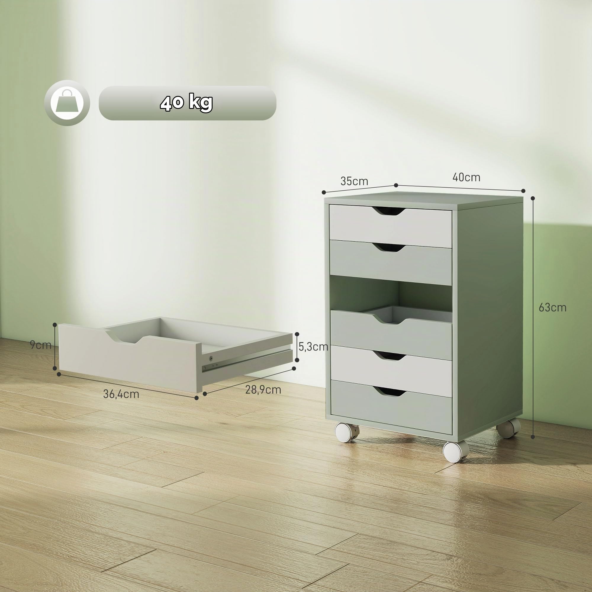 HOMCOM Cassettiera da scrivania, schedario mobile con 6 cassetti, supporto per stampante con rotelle, guide silenziose, per ufficio, casa, verde e bianco
