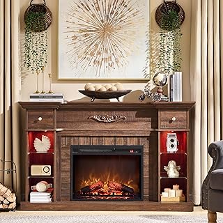 54" Farmhouse Electric Fireplace with Mantel, 33" Tall LED Fireplace TV Stand w/7 Lighting Colors, 23'' Freestanding Electric Fireplace Heater with Open Adjustable Shelves & Drawers, Brown