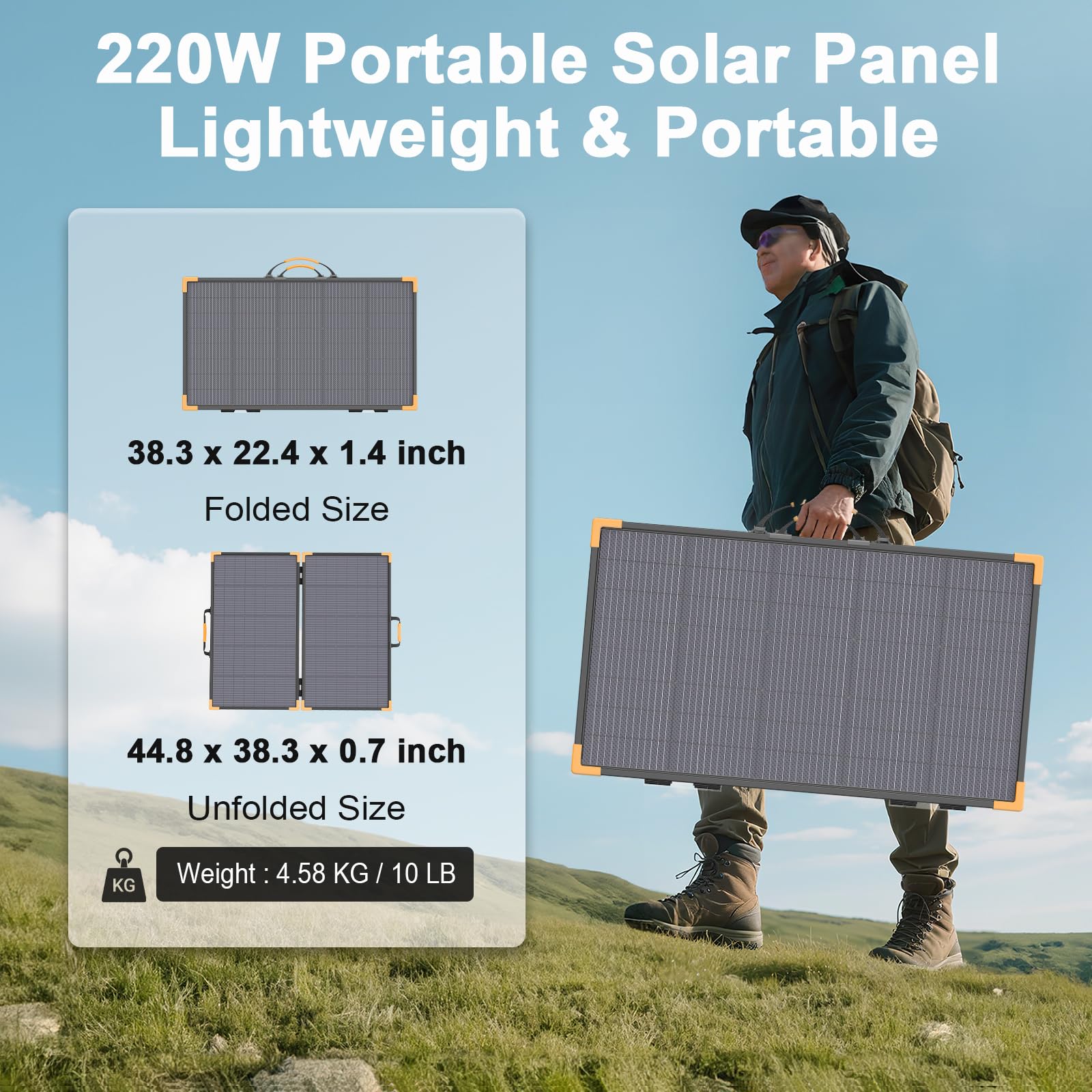 Pannello solare portatile da 220 W, 24 V, caricatore solare pieghevole bifacciale | Pannello solare leggero per impianti elettrici, impermeabile IP68, per campeggio, camper