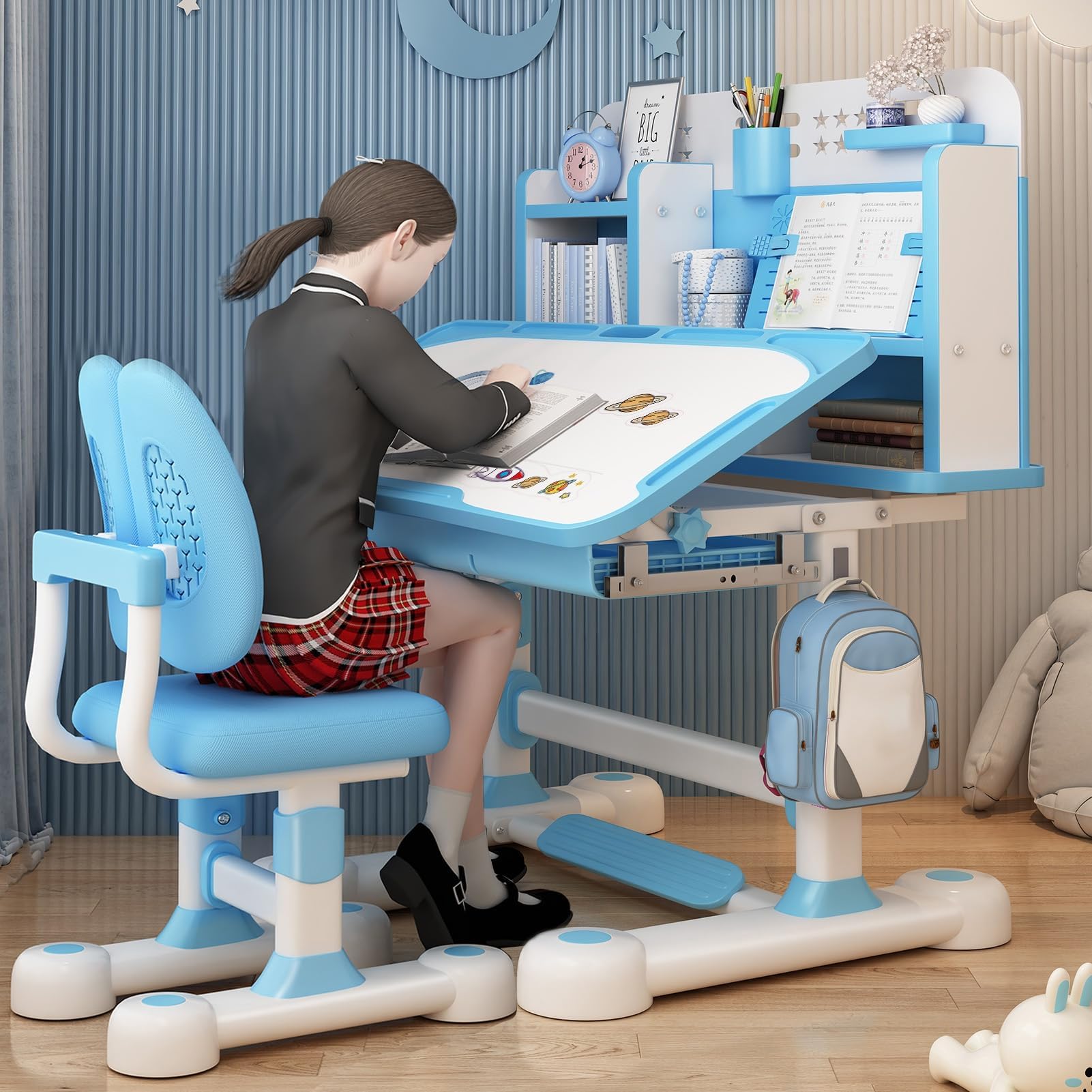 ohfruit [Einfach zu montierendes, höhenverstellbares Kinder-Schreibtisch- und Stuhl-Set, ergonomischer Lerntisch mit Sitzkorrektur, Fußpedal, geräumiger Lerntisch für Kinder, ideal für Hausaufgaben
