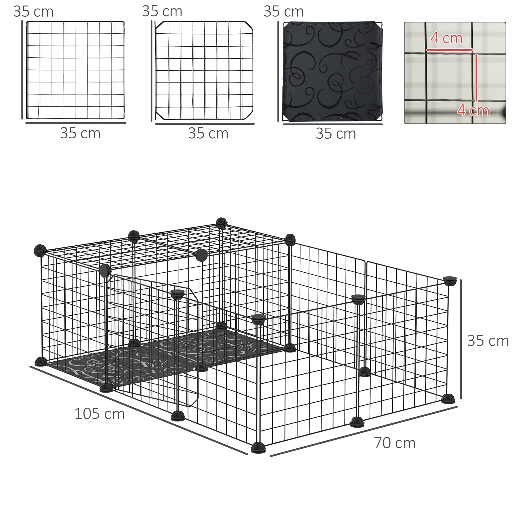 PawHut Enclos pour Petits Animaux Parc pour Lapins, cochons d'Inde et rongeurs clôture pour Animaux domestiques modulable, Noir