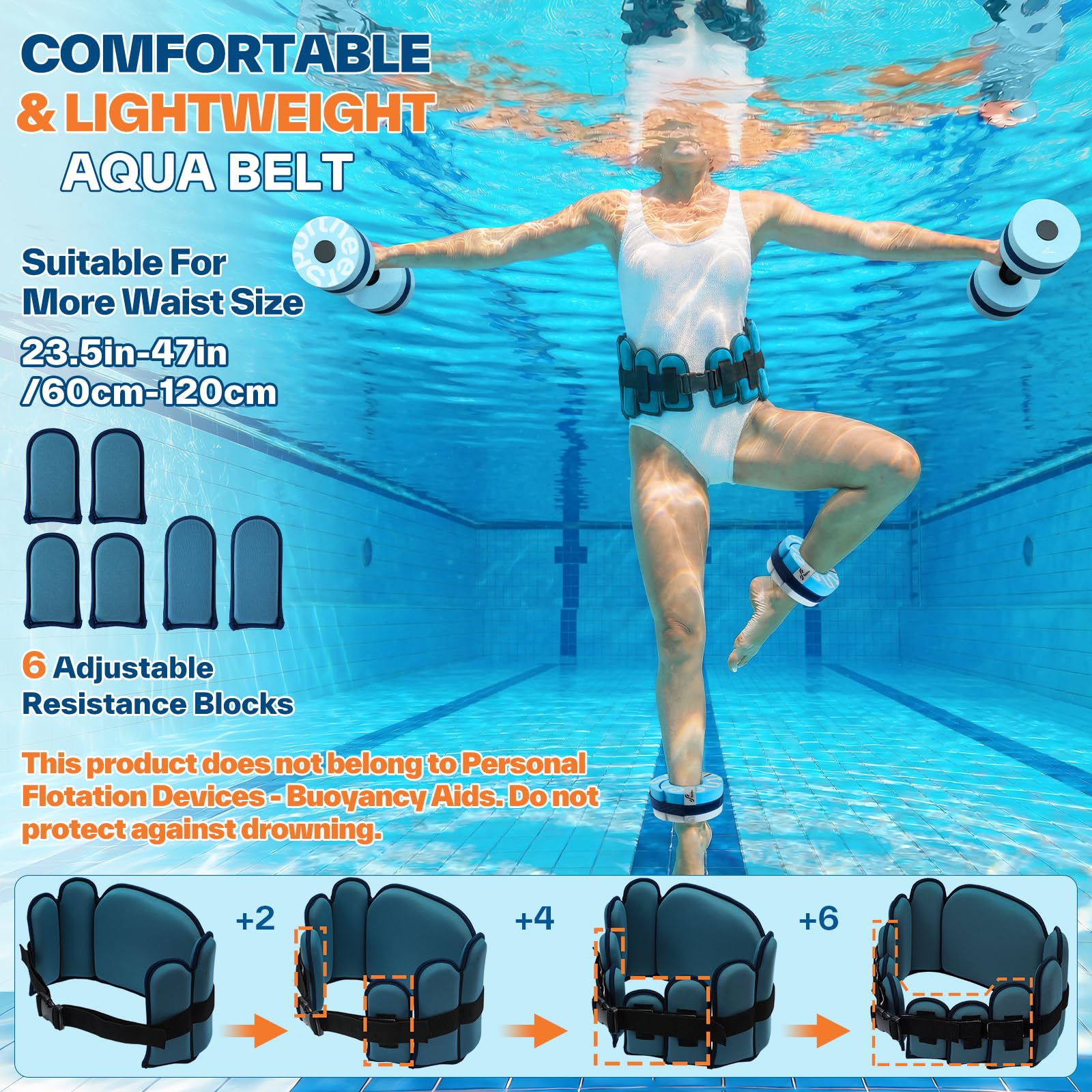 Sportneer Ceinture de jogging Aqua pour adultes - Blocs réglables pour l'entraînement à la résistance à l'eau, ceinture de jogging aquatique pour exercices de piscine, aquagym