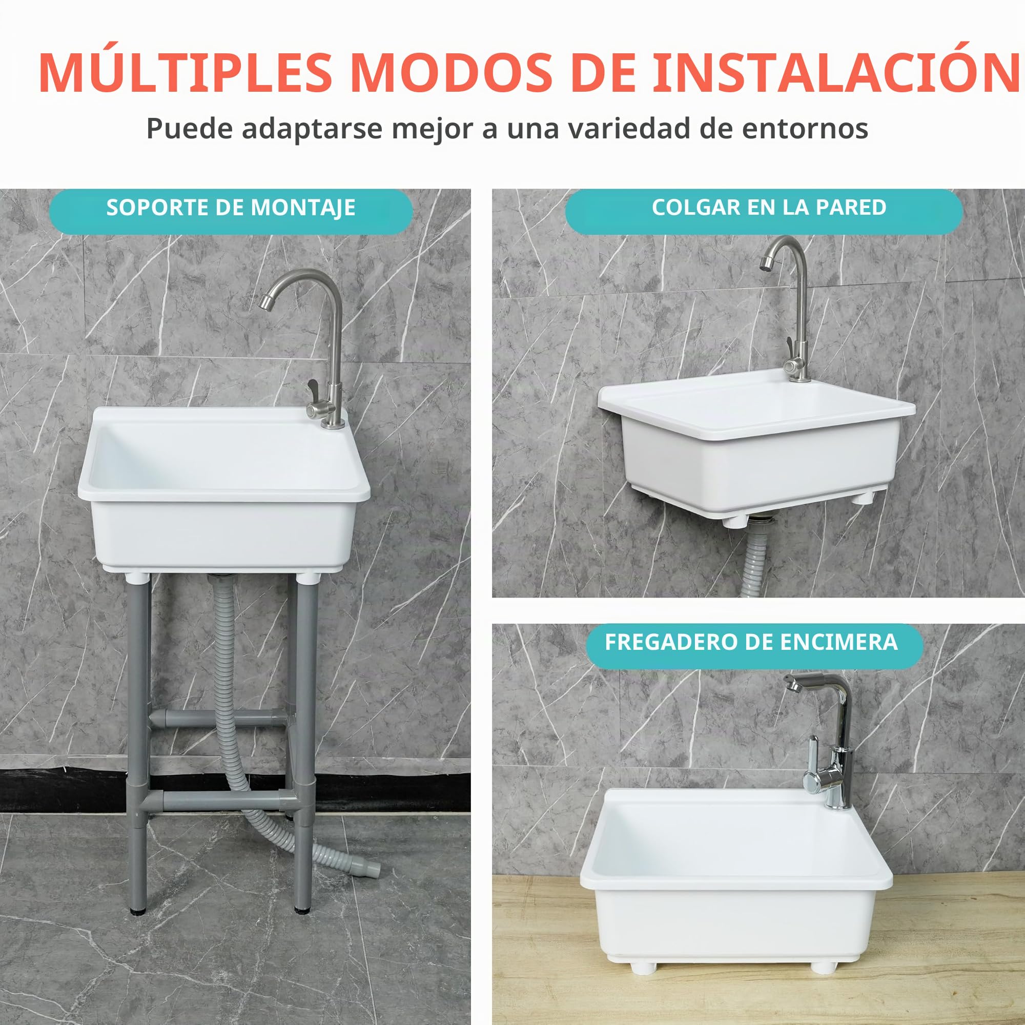 Fregadero independiente de un solo cuenco, fregadero de cocina montado en la pared, tina de lavandería de 16.9 x 12.8 pulgadas con agujero de grifo de 1.26 pulgadas, fregaderos de plástico para el