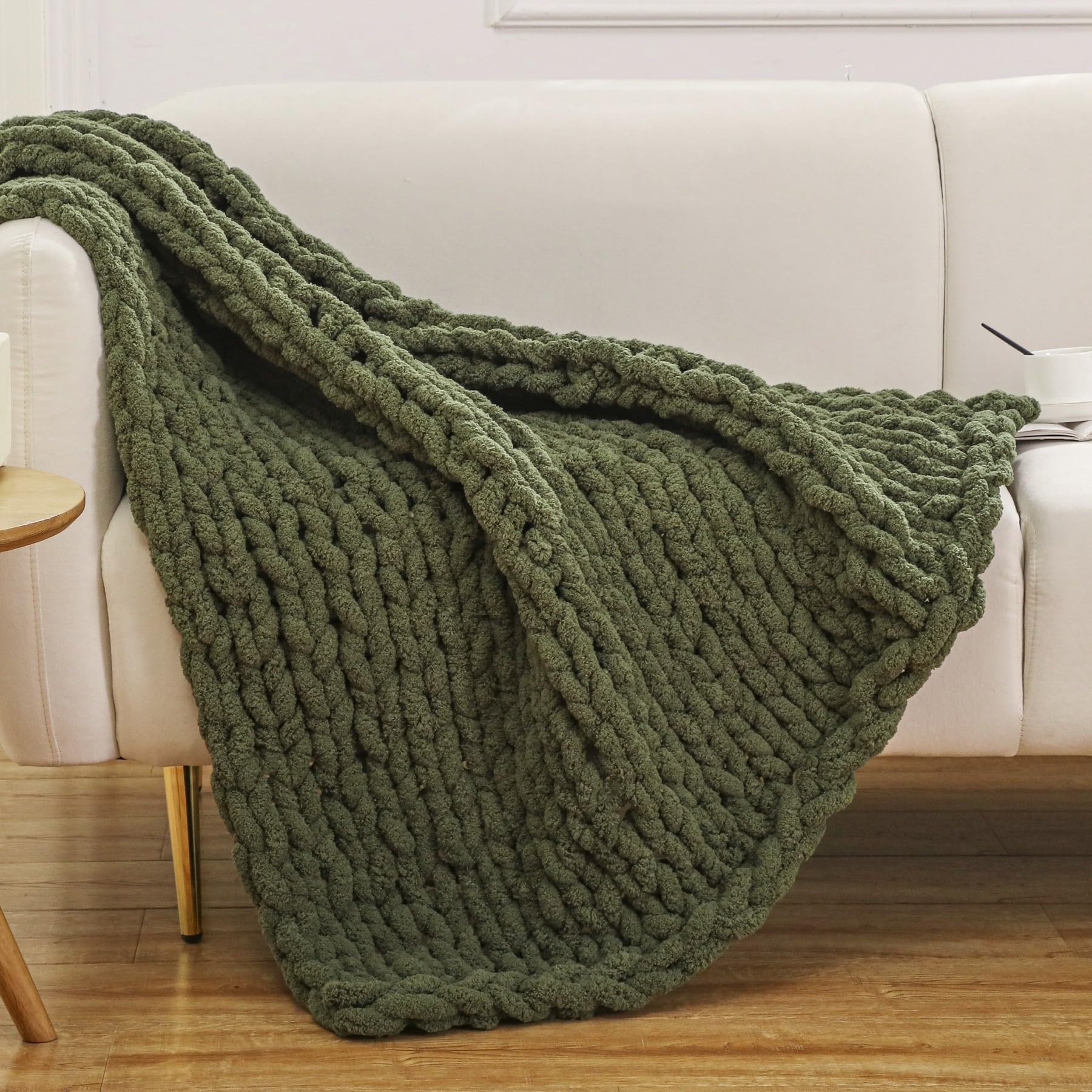 WESHIONGOO - Manta decorativa de punto grueso de 101,6 x 101,6 cm para sofá y cama, suave y esponjosa, confeccionada a mano al 100 % con hilo de chenilla grueso, verde oliva | Manta de punto 100% hecha a mano, manta suave y esponjosa con hilo de felpilla