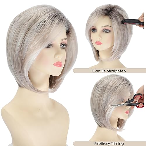 Miniatura 10 de XIUFAXIRUSI XIUFAXIRUSI Peluca corta marrón Bob con bonito flequillo, pelucas de cabello lacio y sedoso para mujer, pelucas sintéticas de moda