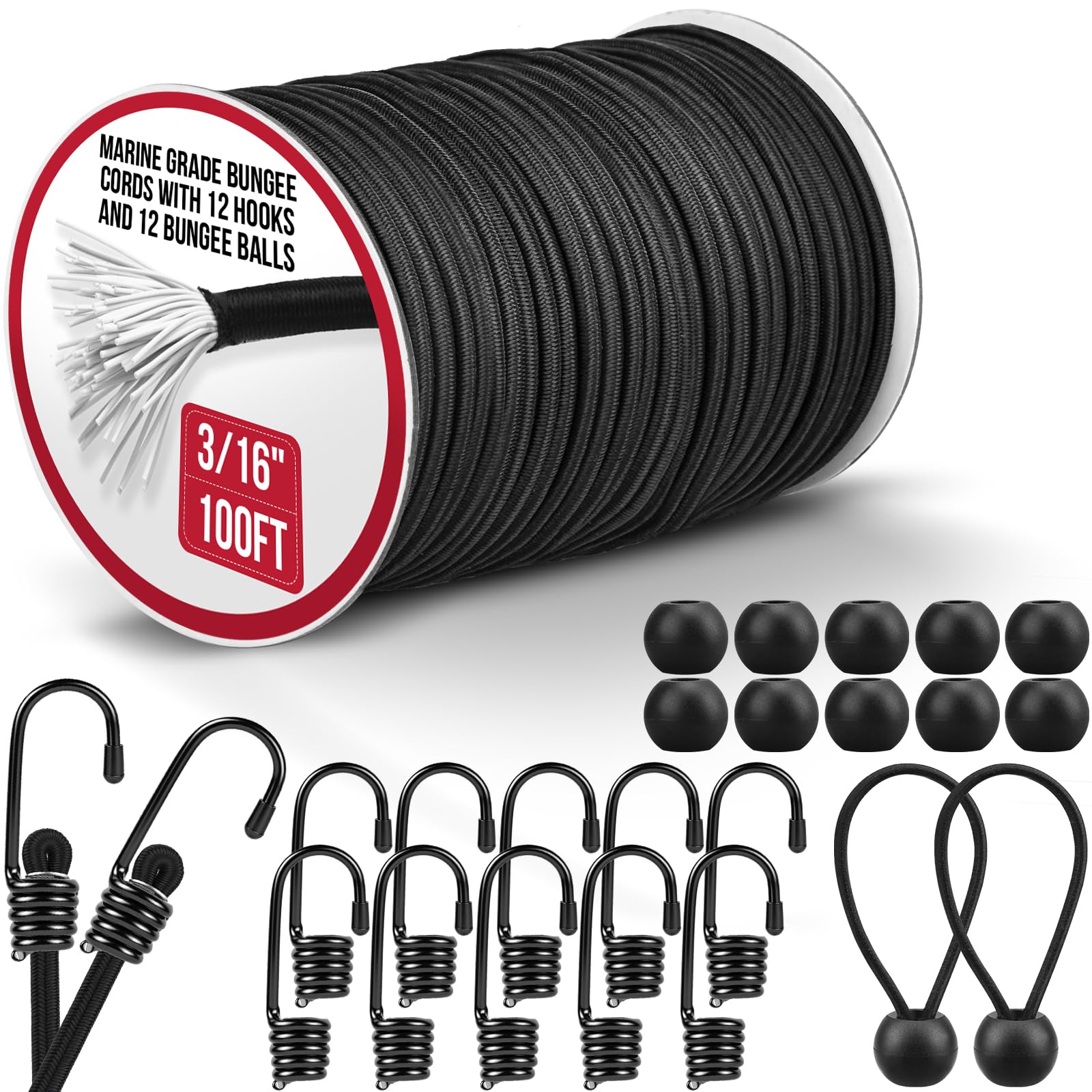 Rotolo di corda elastica resistente di grado marino con 12 ganci, kit di corda elastica nera per kayak, campeggio all'aperto, teloni, portabici, corde elastiche assortite fai da te (3/16" x 30,5 m)