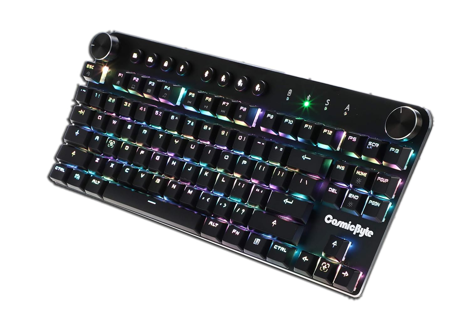 Cosmic Byte CB-GK-14 Sirius Mechanical Keyboard, close-up angled view showing vibrant RGB lighting on keys