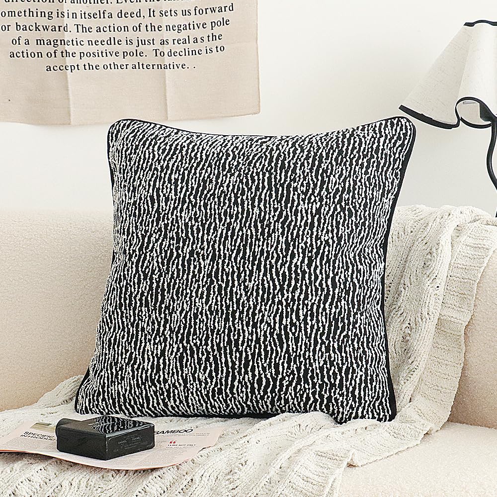 Jonhier Black White Boho Textured Abstract Throw Pillow Cover, Geometric Minimalist Square Pillowcase for Couch Sofa Bed, Modern Neutral Boucle