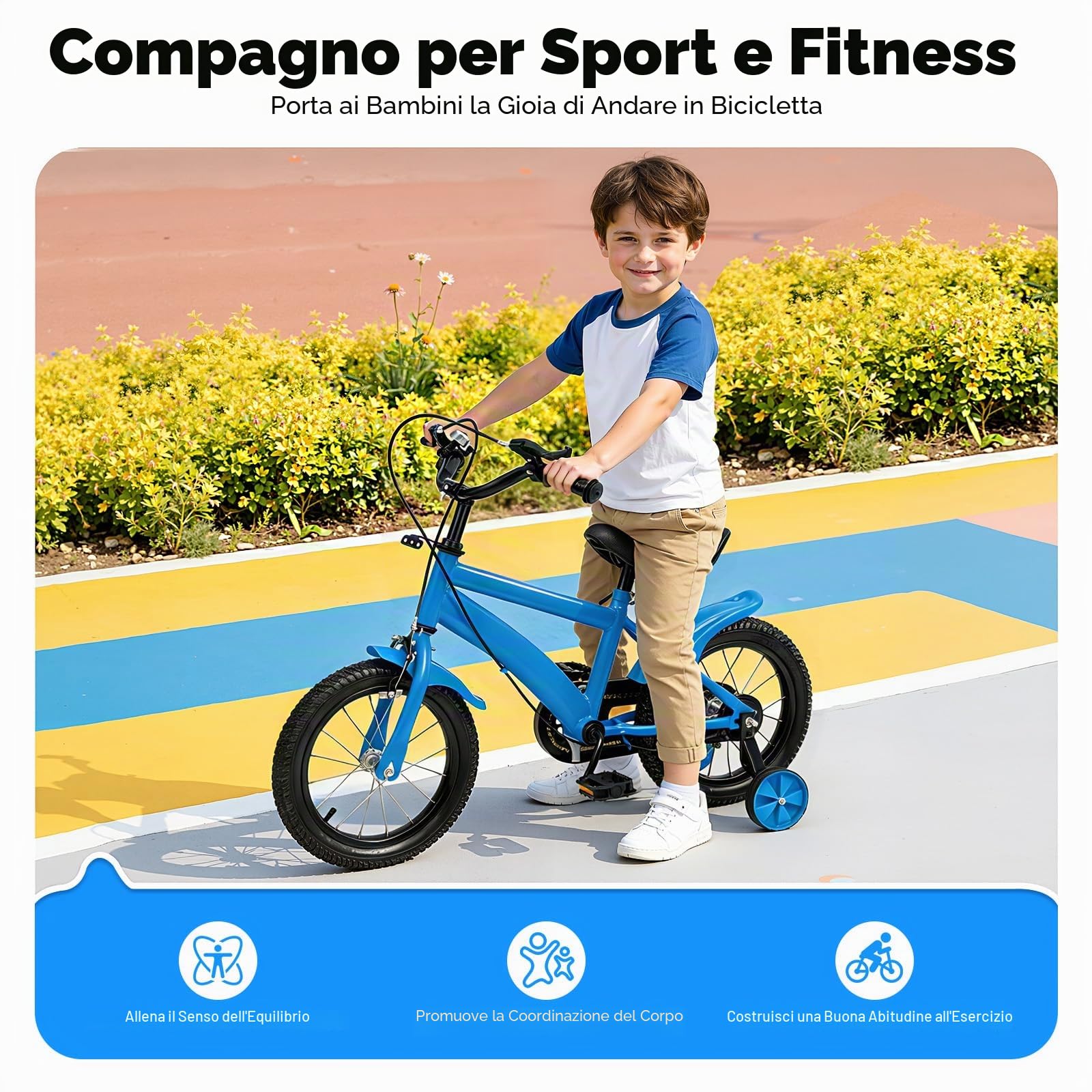 Bicicletta per bambini da 14 pollici, per ragazzi e ragazze, con ruote di supporto e sistema a doppio freno, manubrio e sella regolabili in altezza, bicicletta per bambini a partire dai 3