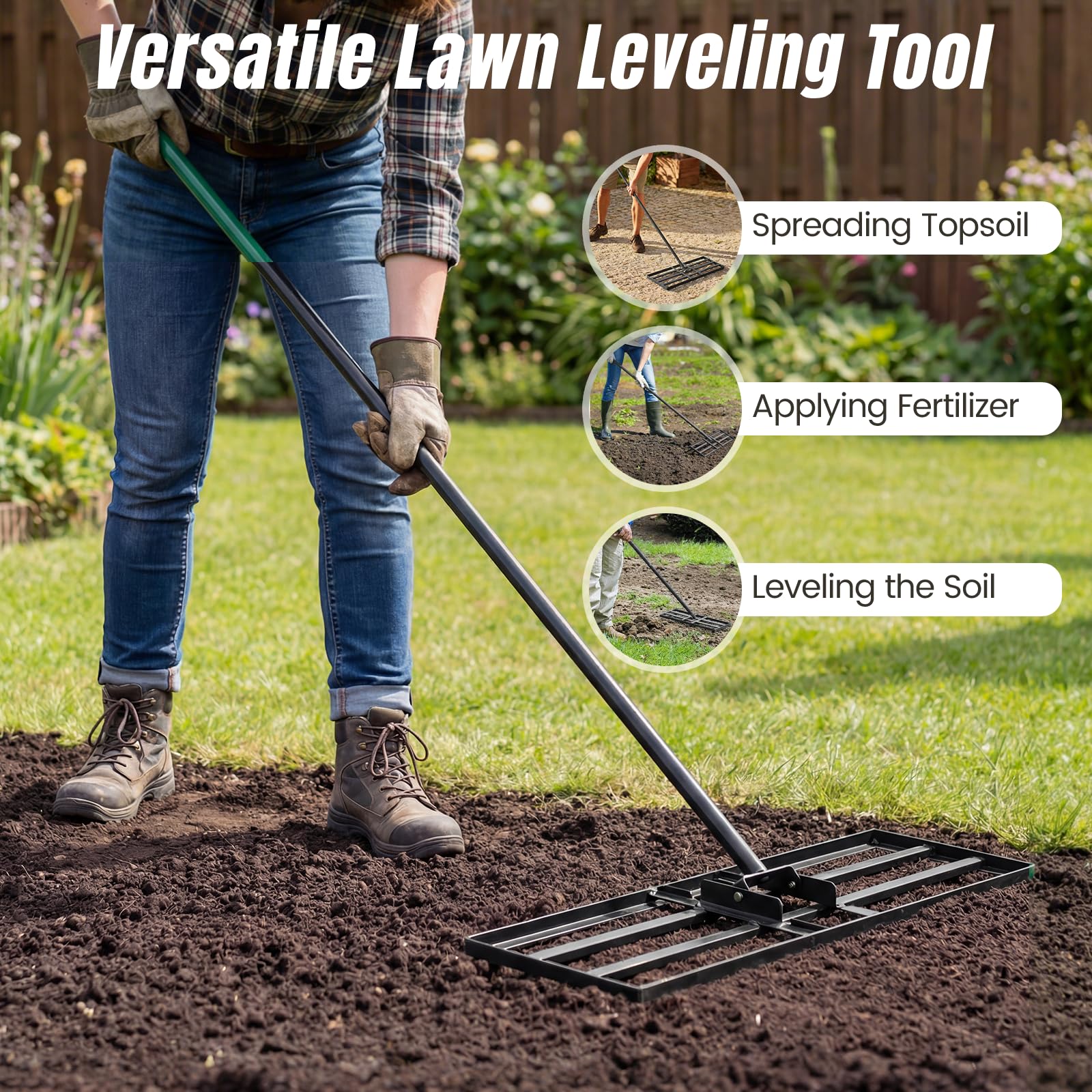 Rastrillo nivelador de césped de 30"/36"/42"/46" x 10", nivelador de césped de acero con recubrimiento en polvo con mango largo de 77", herramienta para nivelar el suelo en jardines, césped, campos
