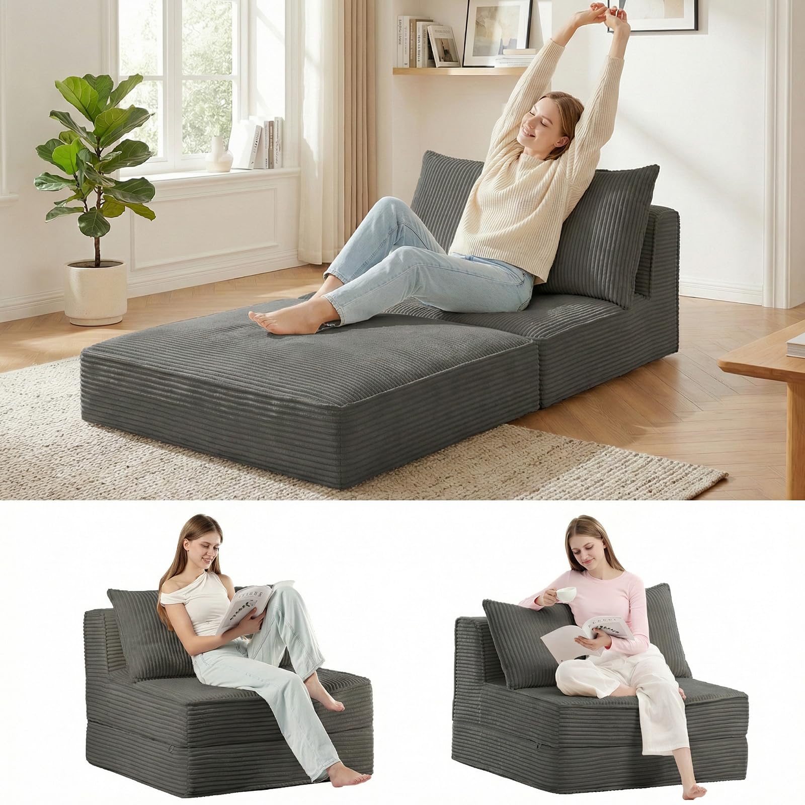 Oversized Folding Sofa Bed Convertible Sleeper Chair Couch Bed with Pillow Corduroy Floor Foldable Futon Bed Comfy Lounge