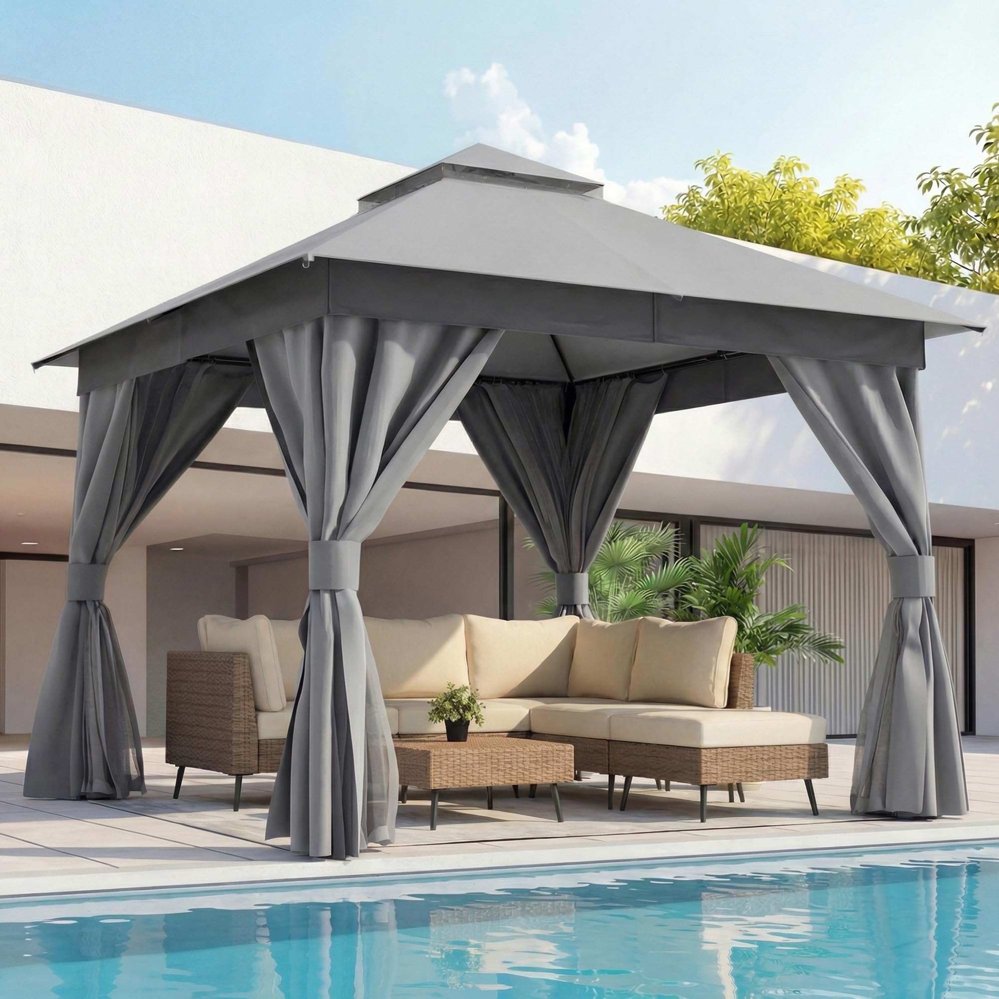 LAUSAINT HOME 10x10 Gazebo Canopy with Netting, Curtains & Double Roof