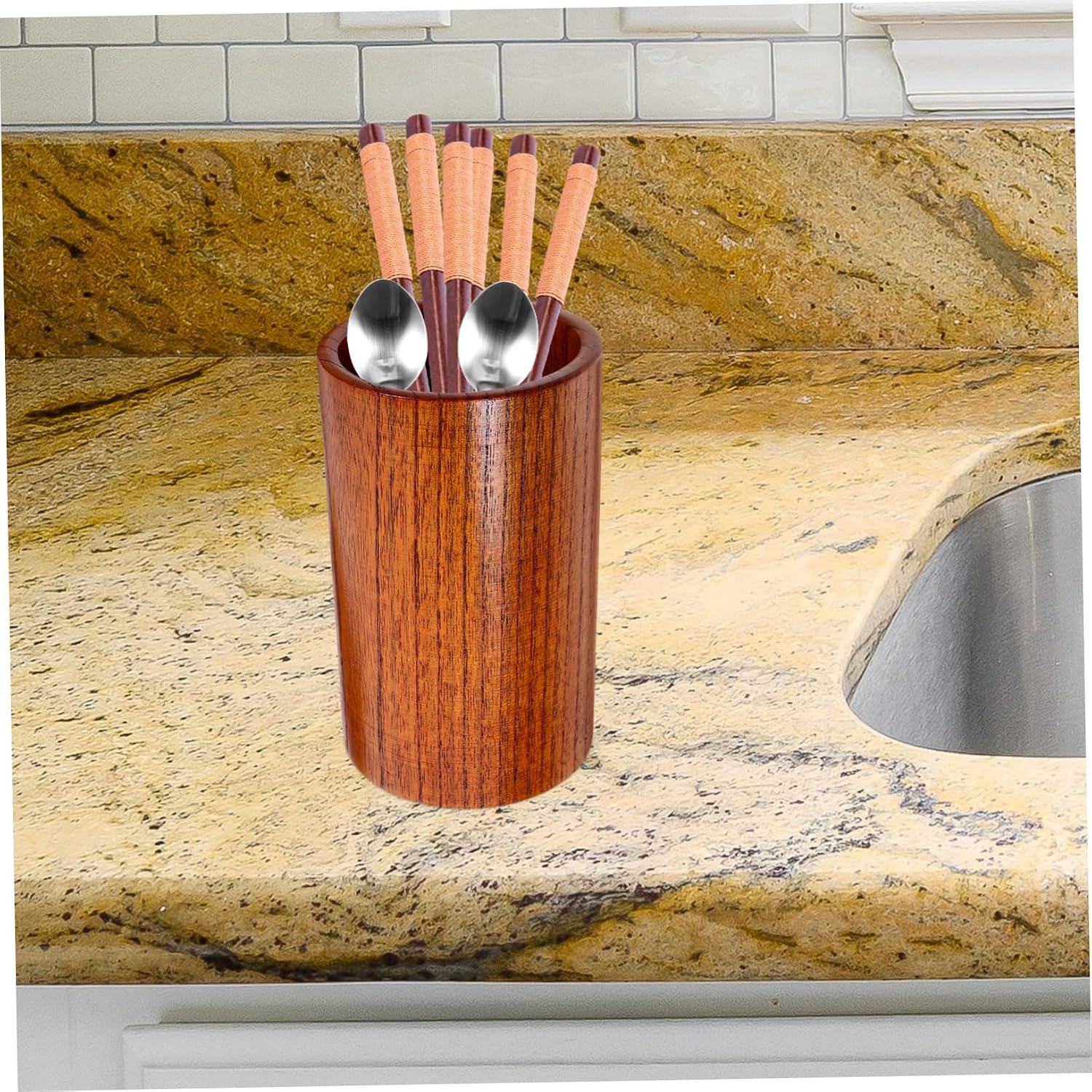 Chopsticks Holder for Kitchen Utensil Storage Container with Drainage Wood Cutlery Organizer Compact Design for Home Use