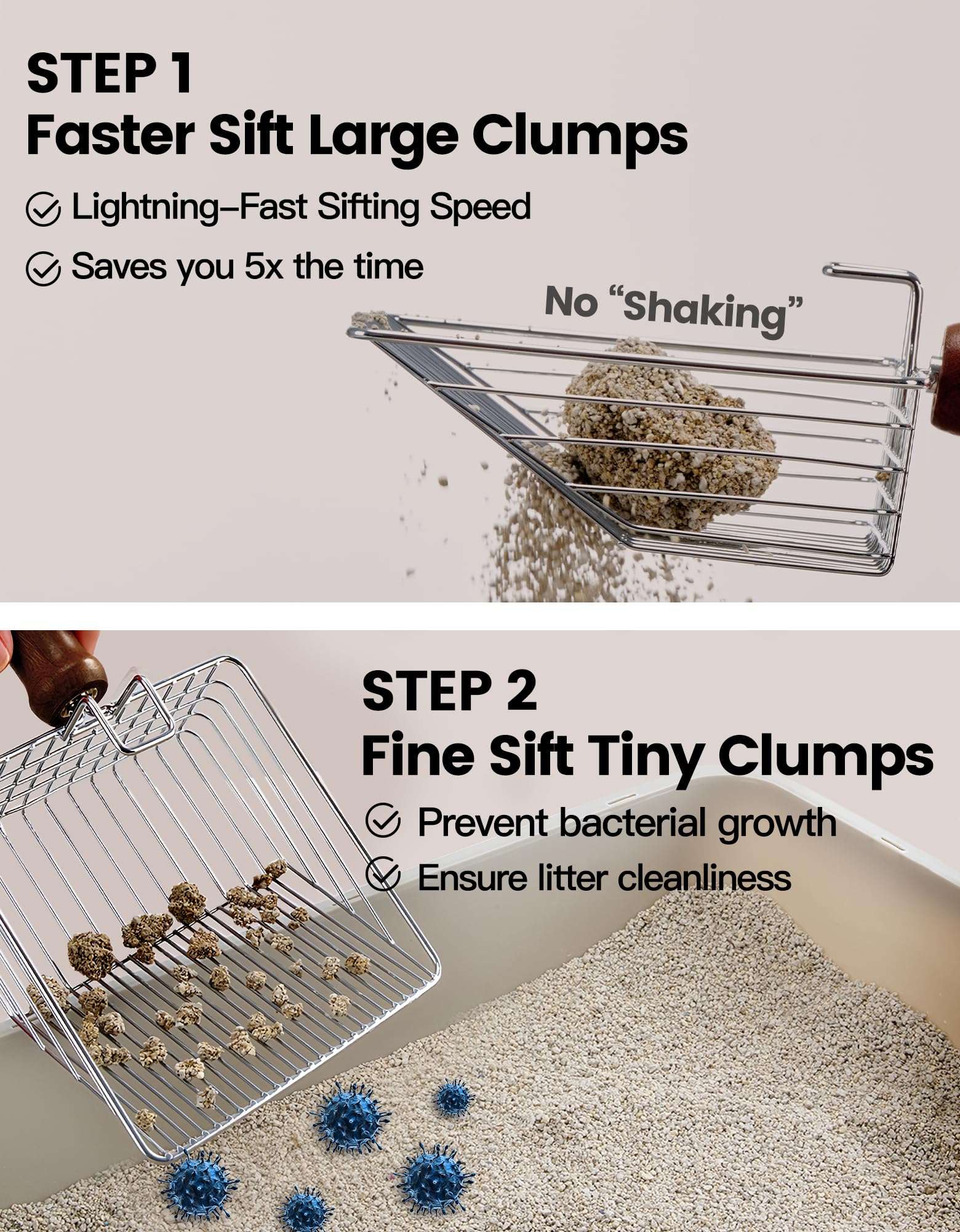 Cat Litter Scoop with Holder, Metal Cat Litter Scooper, Stainless Steel Heavy Duty Deep Shovel, Fast Fine Scoop Away Cat Litter - Silver with Rose Holder - image 3