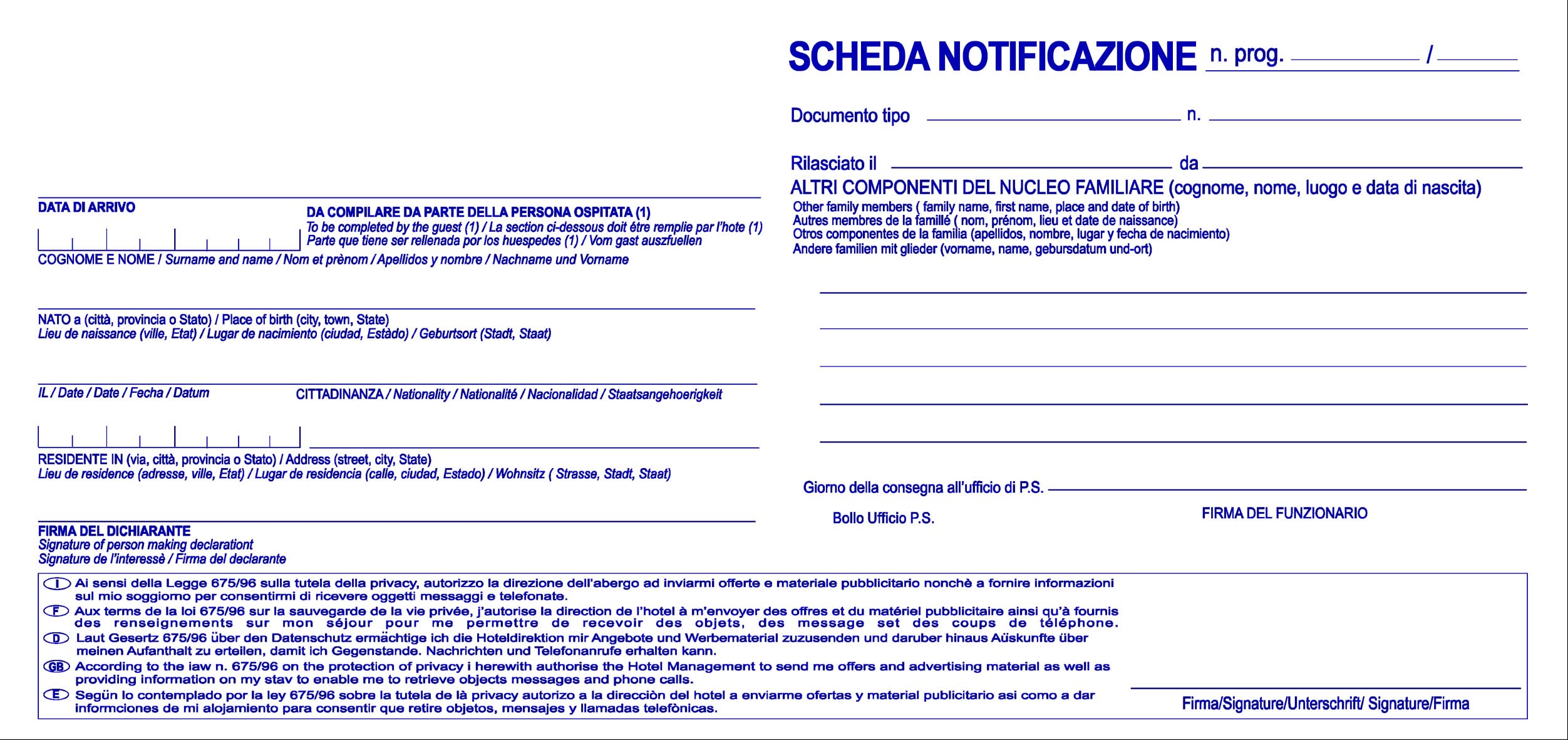 Schede Notifica Hotel, Alberghi, Campeggi, in singoli fogli a Blocchetti (100)