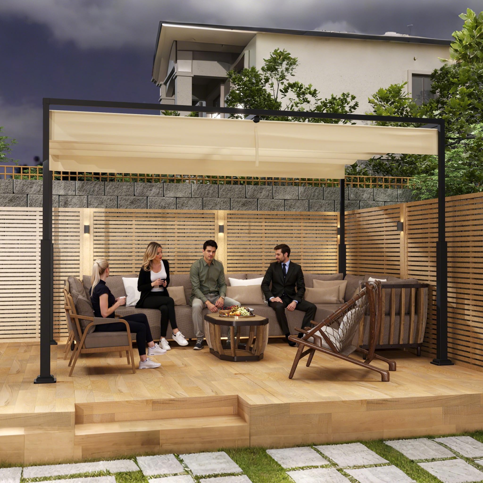 UISEBRT Pergola in metallo, 3 x 4 m, impermeabile, stabile, resistente all'inverno, gazebo con tetto a lamelle, tettoia parasole autoportante, con tetto scorrevole, per giardini e terrazze, beige