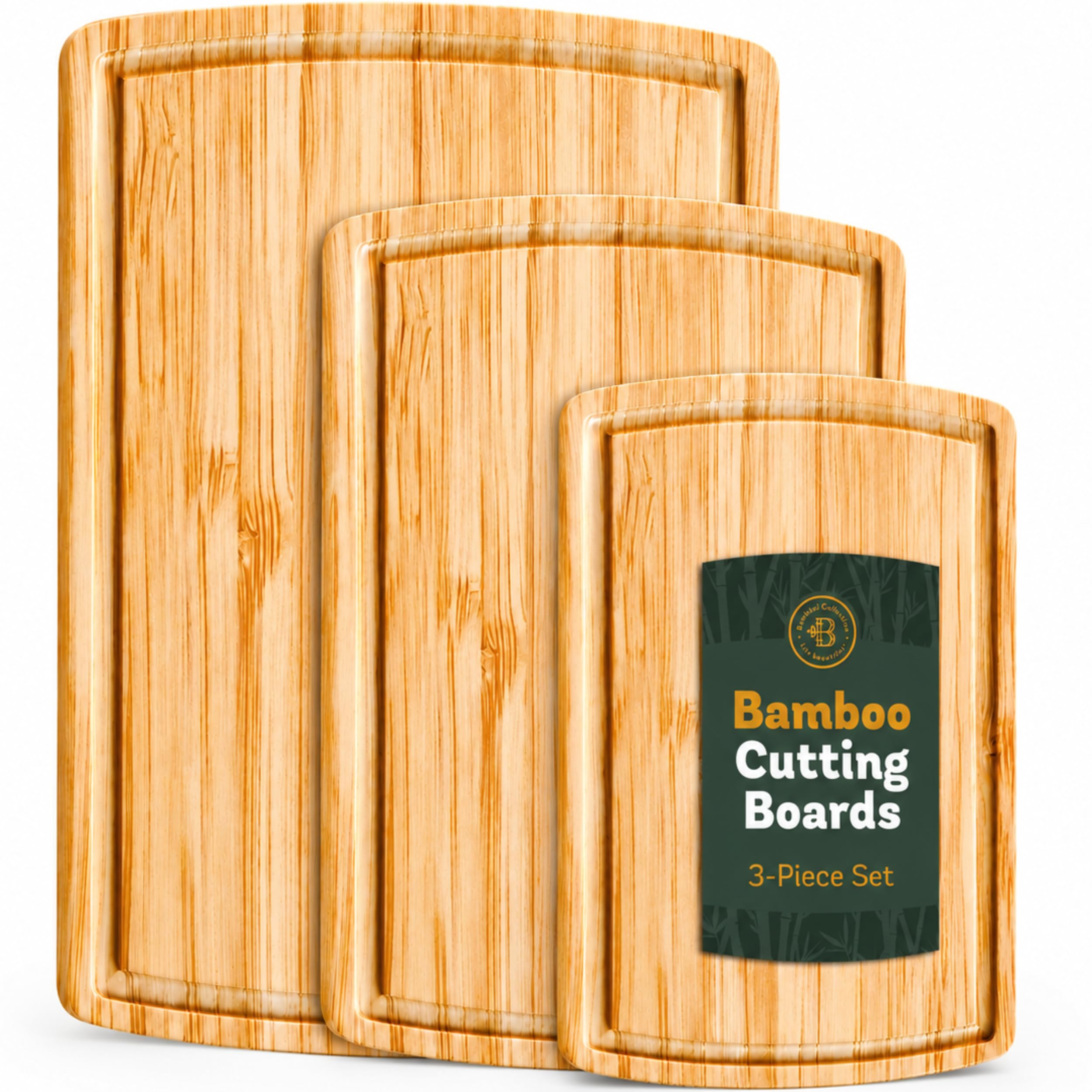 Juego de 4 tablas de cortar de bambú, tablas de cortar de cocina con ranura para jugos para carne, queso y verduras, bloque grande de carnicero de madera natural, tabla de queso y tabla de embutidos