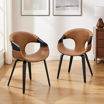 Zouron Dining Chairs Set of 2, Mid Century Modern Upholstered PU Leather Chairs with Blackwood Armrest and Wooden Legs, Accent Chair for Kitchen Dining Room Desk, Brown