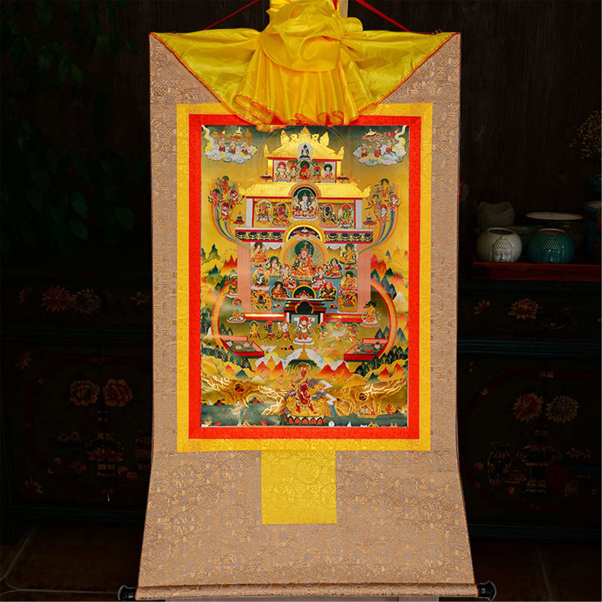 Gandhanra Thangka Tibetische Wandbehang,Guru Rinpoche Reines Land Thangka,Heißgeprägter Buddha Wandteppich für Zen Wohnkultur, Meditation, Spirituelle Entspannung und Ruhe