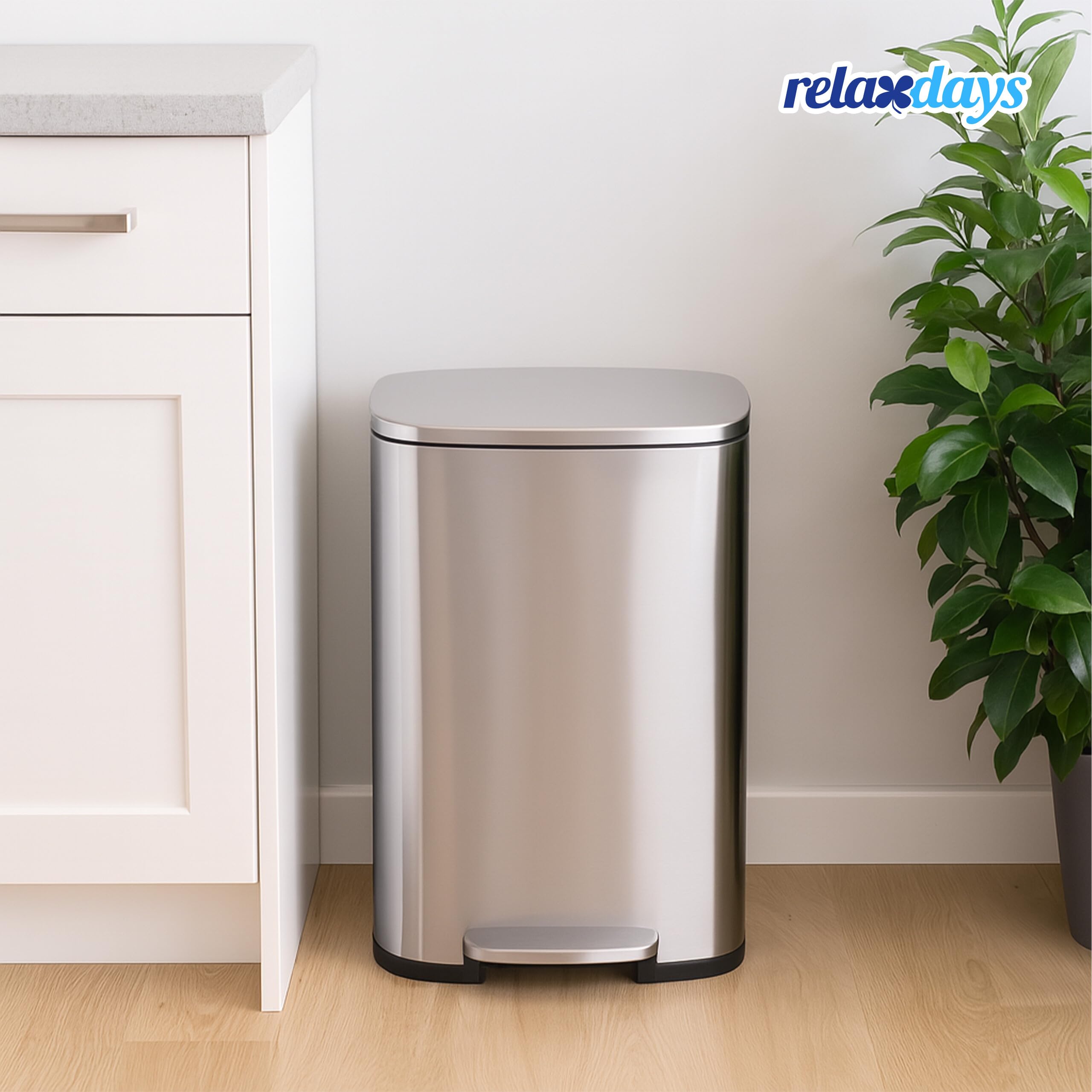 Relaxdays Mülleimer, 50 Liter, Küche, entnehmbarer Inneneimer, Fußpedal, Softclose, Edelstahl, Tretmülleimer, Silber