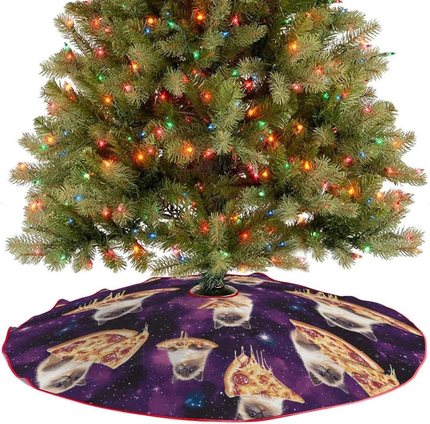 Cute Kitten Cat Pizza Print Christmas Tree Skirt Ornaments Christmas Tree Mat for Home Party Holiday Decorations