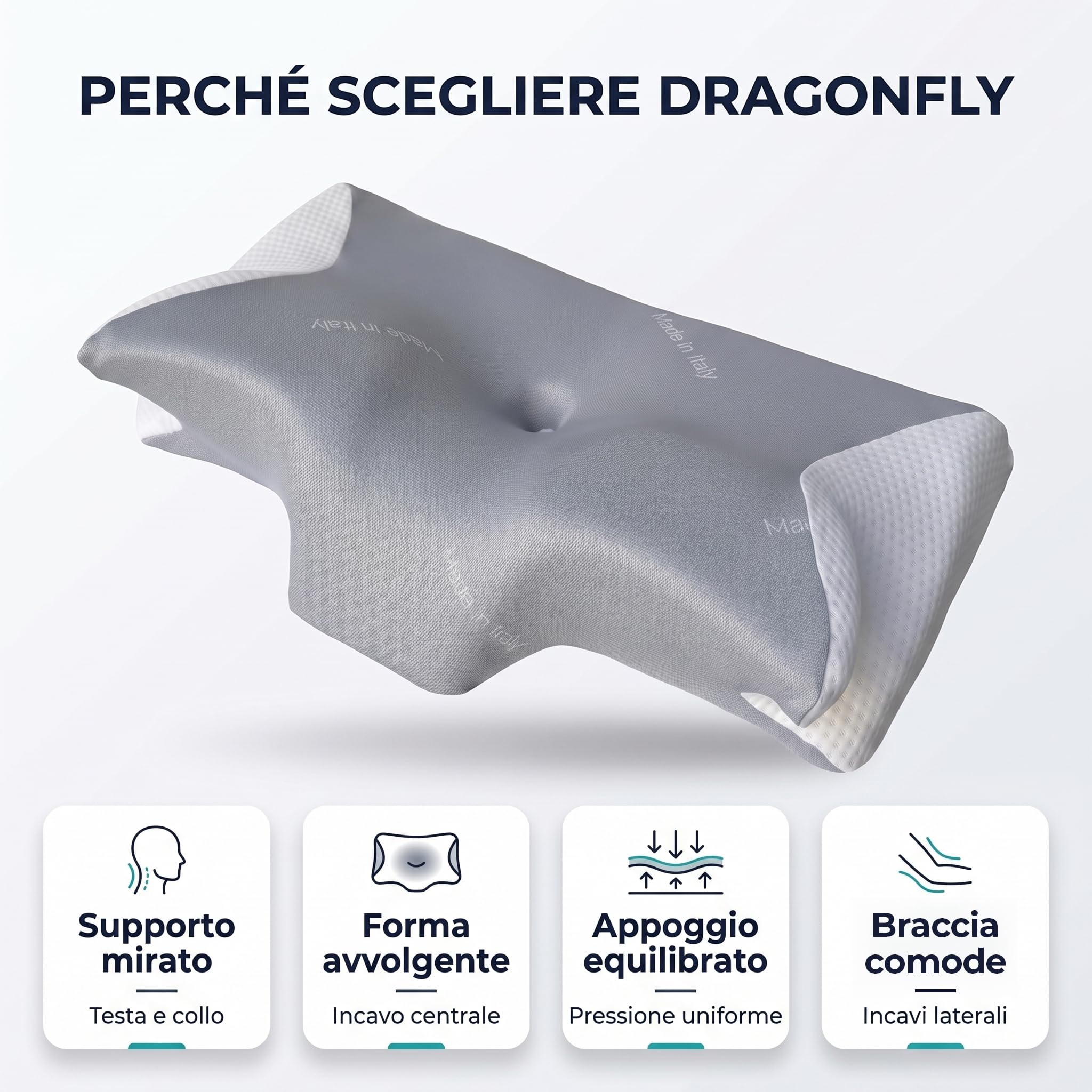 Cuscino Cervicale per Dormire - in Memory Foam Anatomico | Guanciale Ergonomico Dragonfly 40x60x13 cm con Federa Sfoderabile | Supporto per Testa Collo e Spalle | Made in Italy - Premium GALEONE
