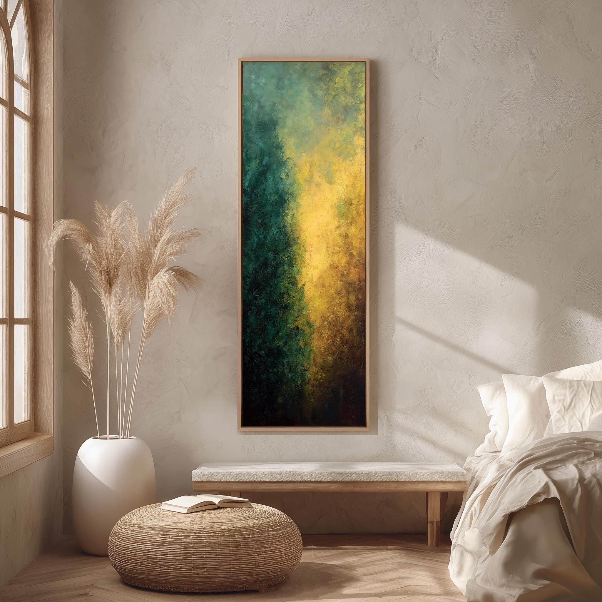 XINBAO Zielony długi obraz pionowy wysoki wąskie płótno, wydłużony druk leśny z efektem gradientu, nowoczesna dekoracja ścienna (50 x 150 cm / rama wewnętrzna).