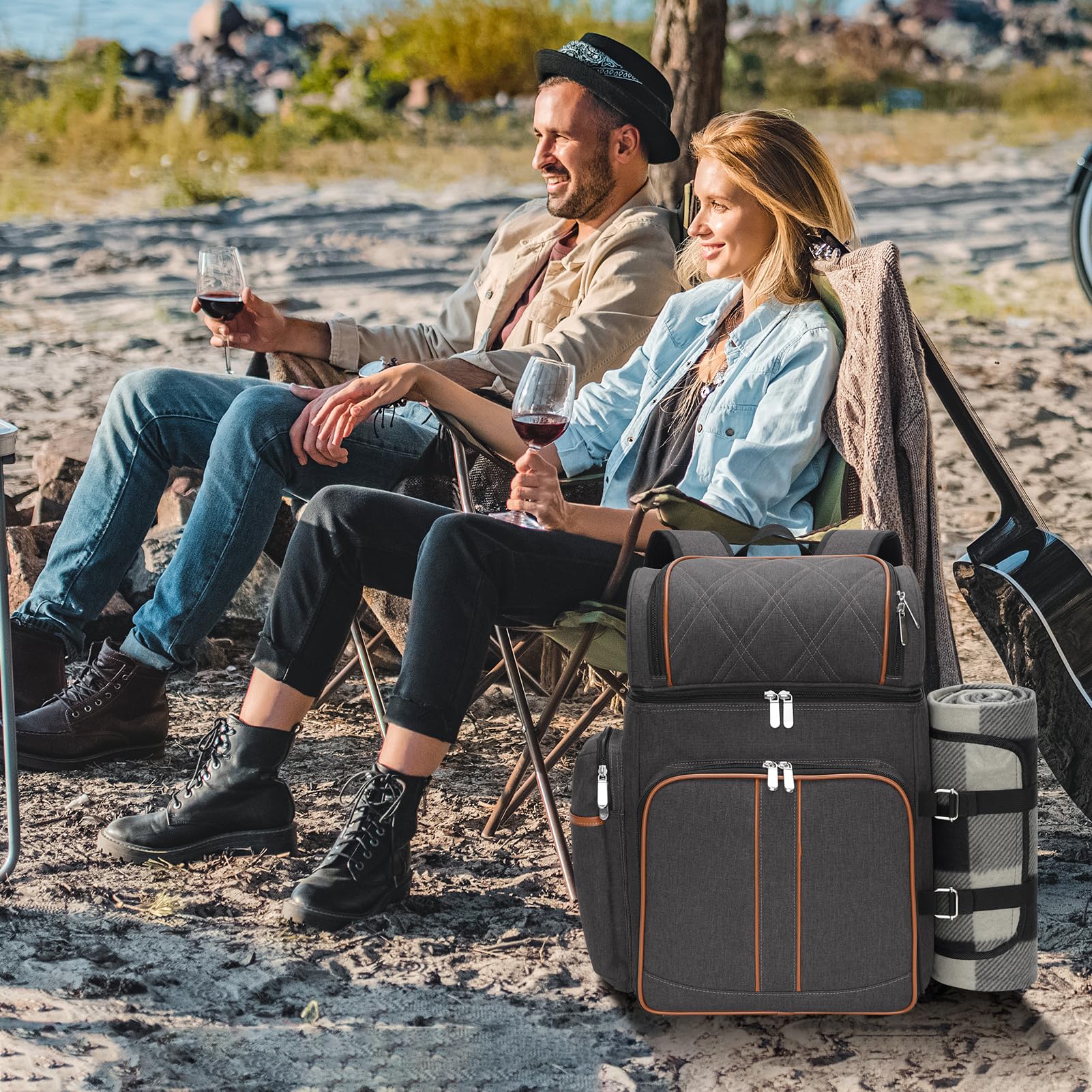 Sac à dos pique-nique pour 4, ensemble de panier pique-nique, sac pique-nique anti-fuite, sac à dos réfrigérant pour la plage avec poche isotherme pour vin, couverture pique-nique, sac à dos
