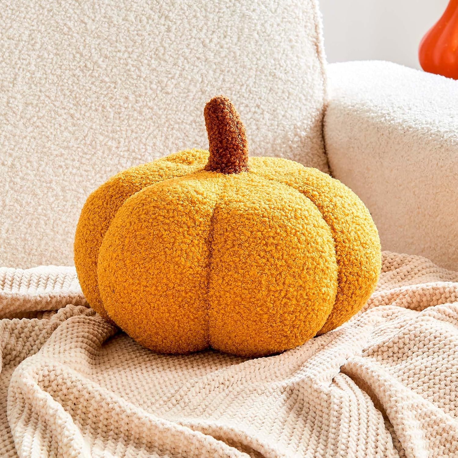Halloween Pumpkin Pillows, Yellow Fall Decoration Pumpkin Shaped Throw Pillow, 11" Cute 3D Shaped Cushion for Sofa Couch Bedroom Autumn Thanksgiving Yellow Large-11 Inch