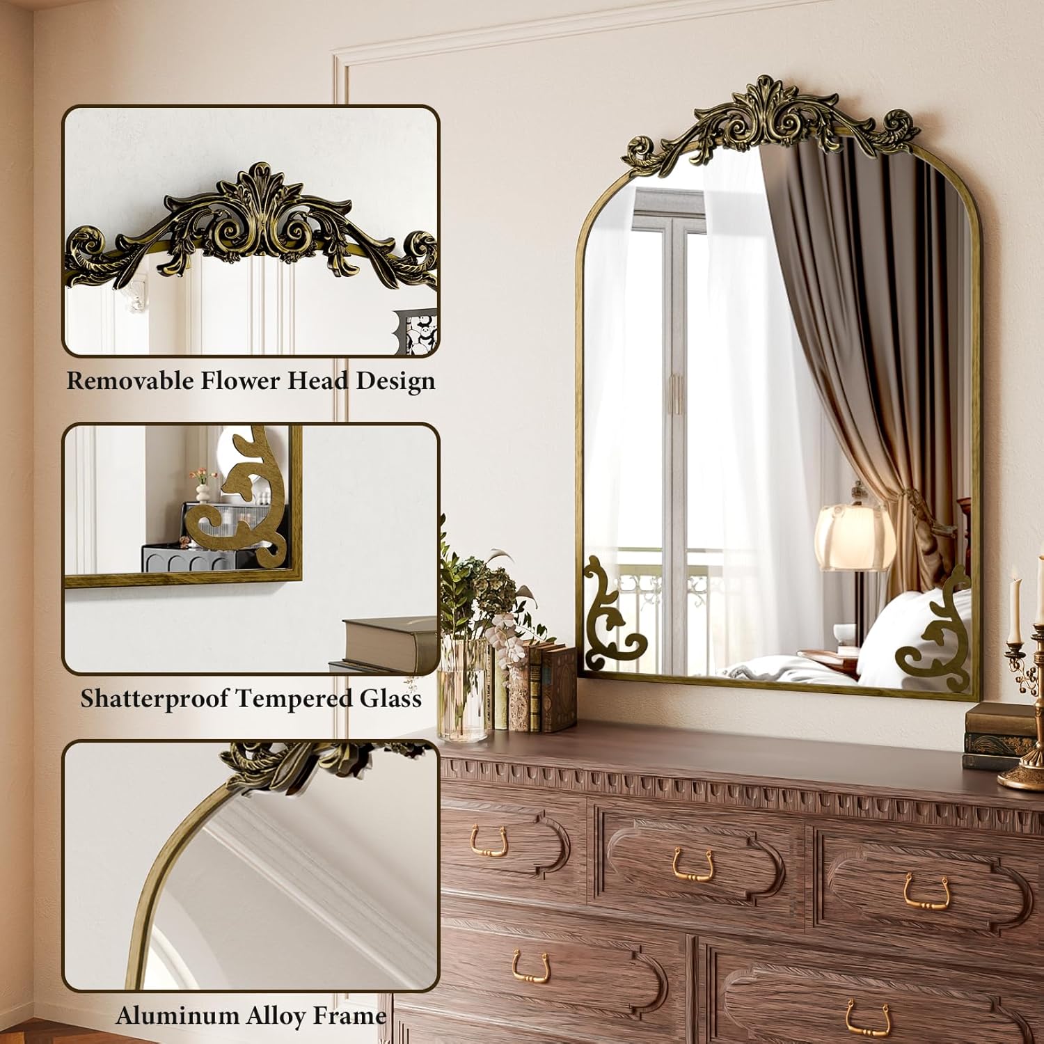 Koonmi Vintage Mirror, 26x38 Wall Mounted Vanity Mirror, Tempered Glass, Detachable Flower Head, Bronze Antique Decorative Mirror for Bathroom Entryway Fireplace Living Room Hallway