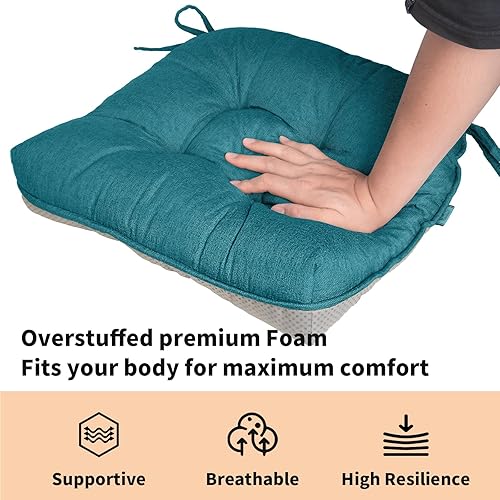 Miniatura 3 de Millsilo Paquete de 2 cojines para sillas de comedor, cojines para sillas de cocina de 4 pulgadas de grosor con lazos y respaldo antideslizante,