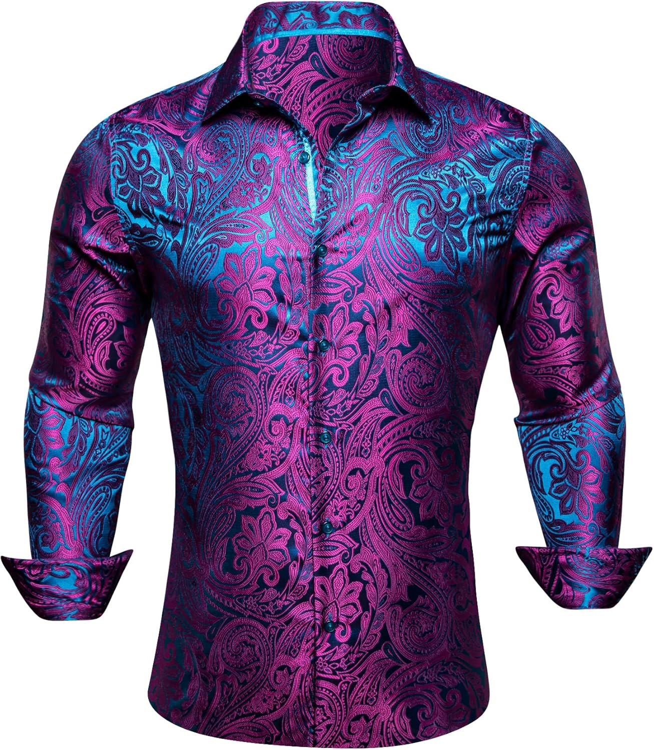 Barry.Wang Mens Western Shirts Silk Paisley Long Sleeve Button Down Dress Shirt Designer Mexico Cowboy Shirt Party Casual - Image 3