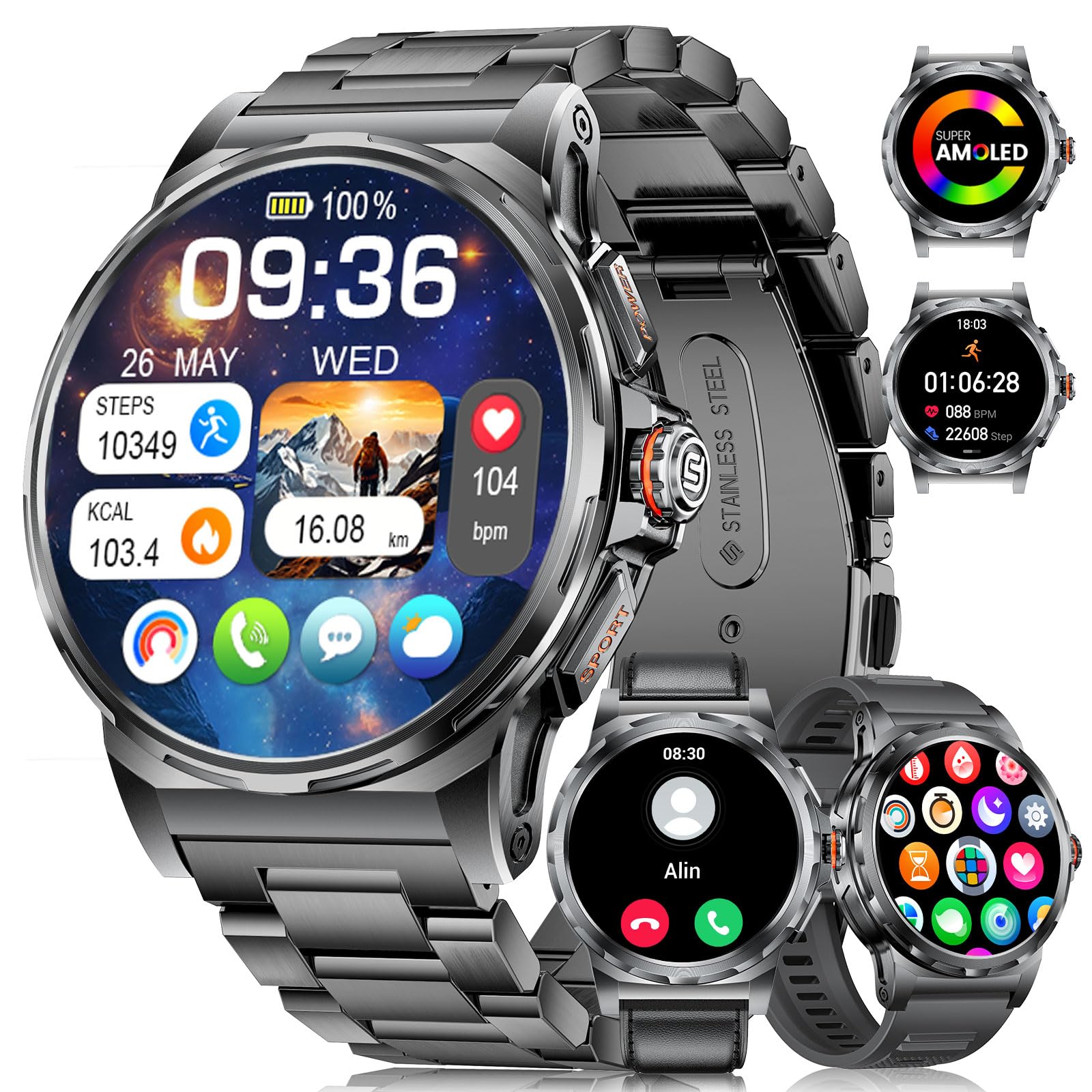 Reloj Inteligente Hombre con 3 Correas, 1.43" HD AMOLED Smartwatch Hombre con Llamadas Bluetooth, Monitor de Sueño, 5ATM Impermeable, 100+ Modos Deportivos para Android iOS