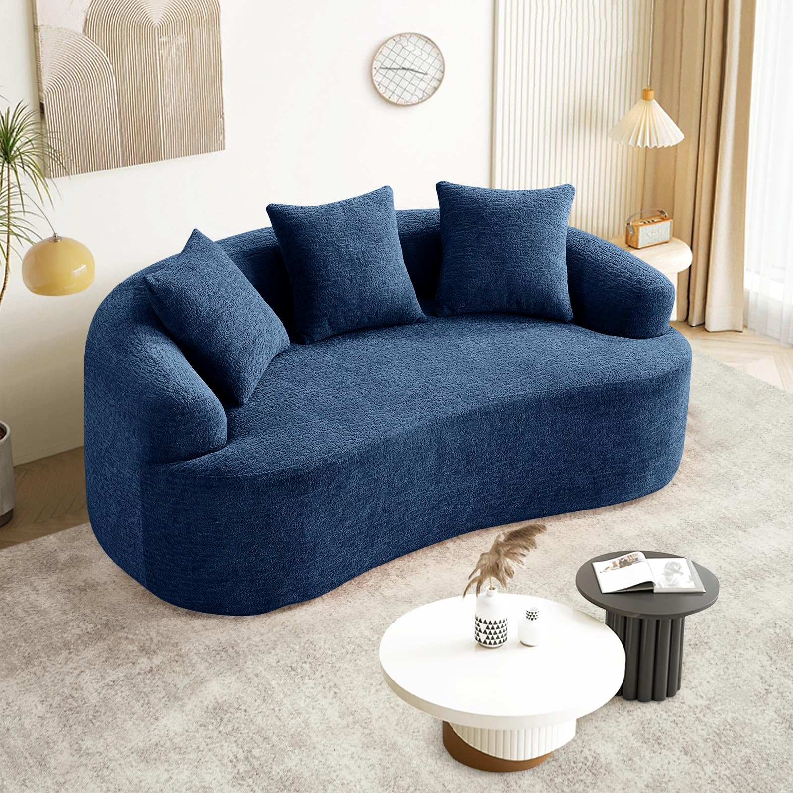 65" Curved Loveseat Sectional Sofa for Living Room, Modern Plush Chenille Cloud Round Deep Seat Compressed Boneless Couch with 3 Throw Pillows for