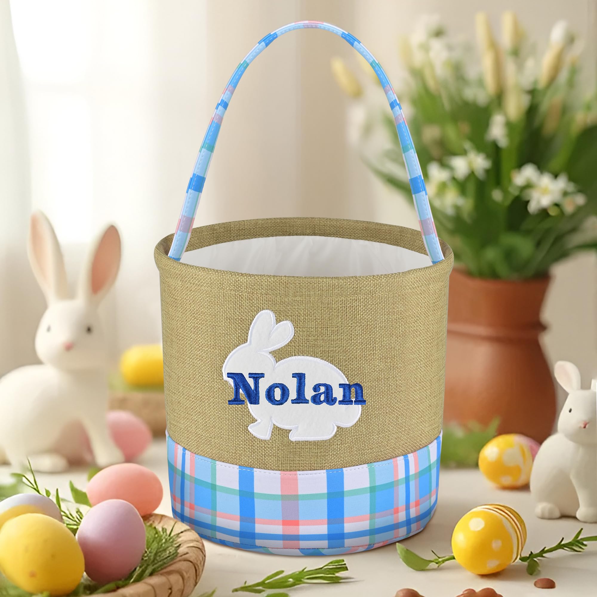 Easter Basket for Kids, VAPCUFF Easter Bunny Basket, Personalized Easter Baskets, Easter Basket with Name - Burlap Basket Blue Grid