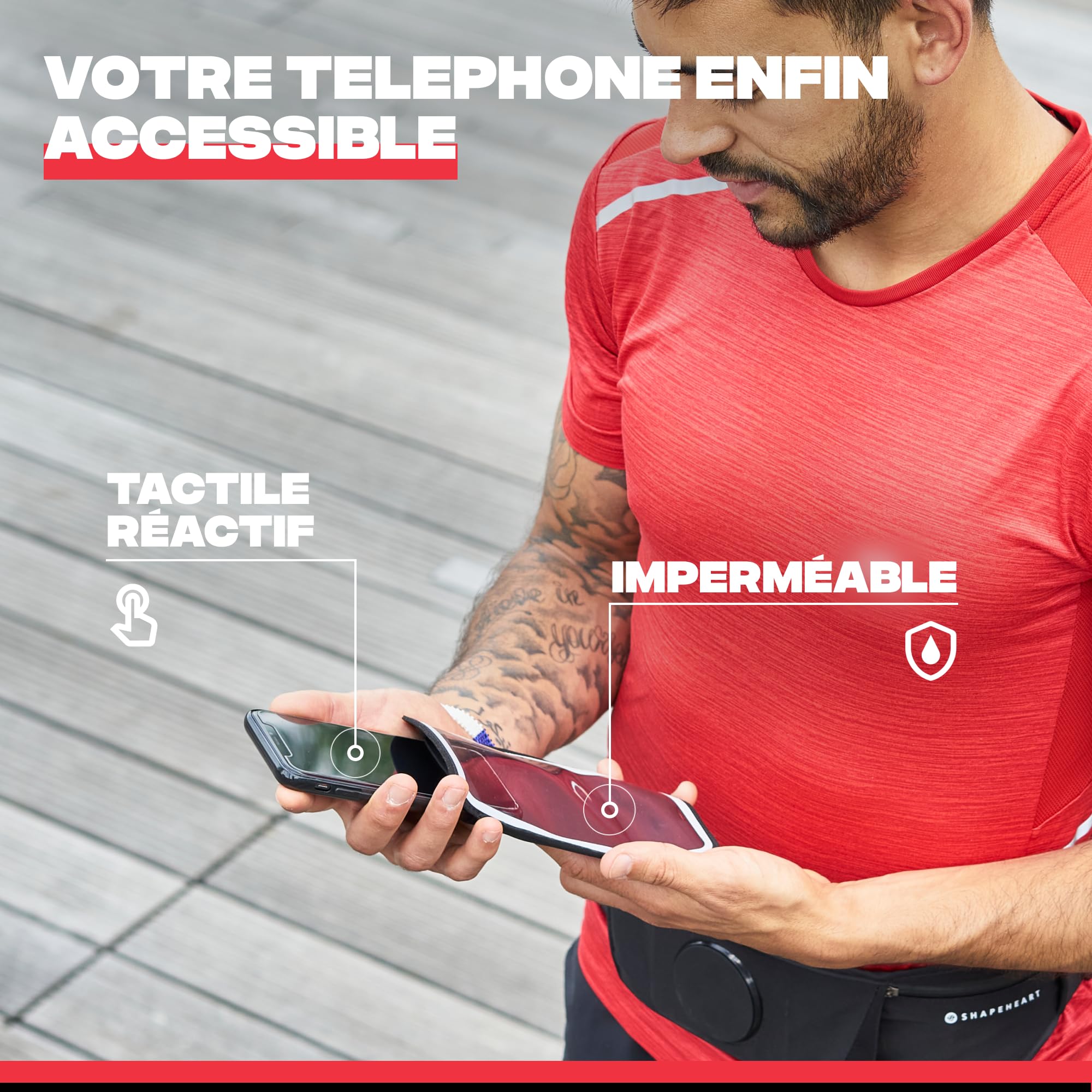 SHAPEHEART innovation française, Ceinture telephone sport universel pour running, course à pied, rando... Ceinture pour smartphone avec pochette magnétique détachable imperméable | Tous Smartphones | Serrage anti-remontée | Rangement Intelligent | Tactile