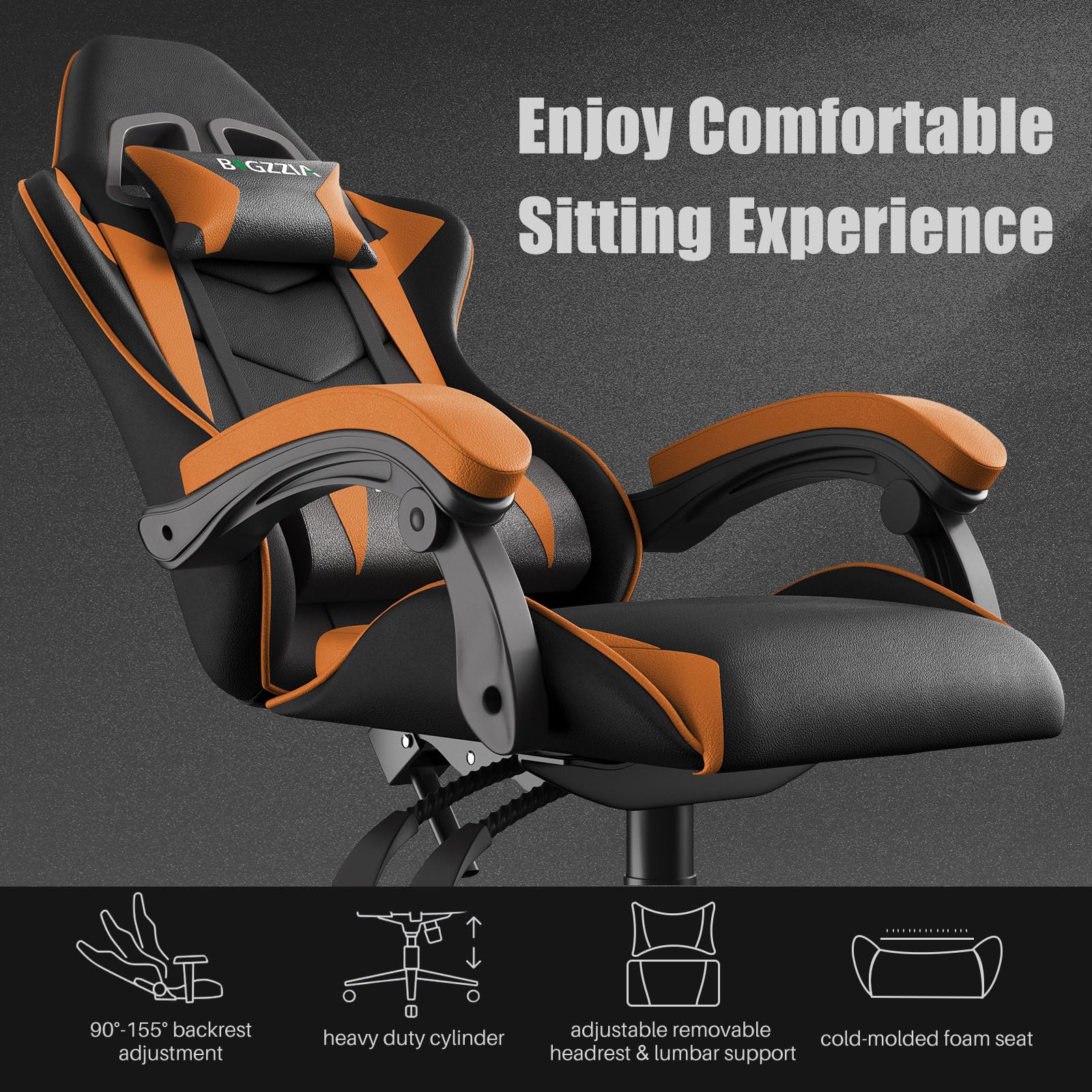 bigzzia Silla Gaming,Silla Ergonómica de Oficina en Cuero PU,Regulable en Altura con Soporte Lumbar y Reposacabezas,Respaldo Reclinable 155°,Silla Gamer Adulto Niño(Verde) (Naranja)