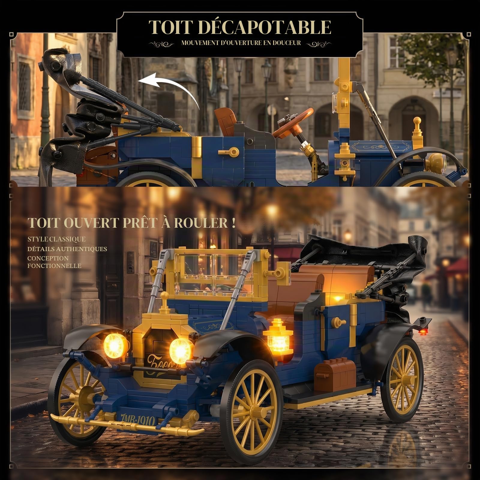JMBricklayer Blocs de construction de Voiture vintage avec lumière pour adultes, 50003 Maquette rétro à toit pliant en cuir, Set d'exposition collectionneur, ancienne Cadeau pour fans dès 14 ans