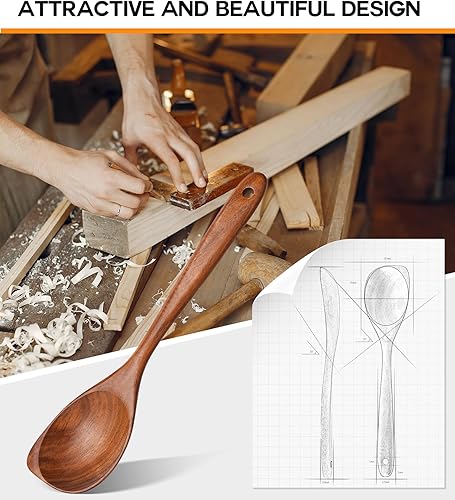 Miniatura 5 de Cucharas de madera para cocinar, cuchara de esquina de madera de teca natural de alta calidad, cucharas de madera grandes de buen agarre y espátula