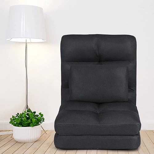 Miniatura 7 de Silla de suelo con respaldo para adultos, ajustable, 14 posiciones, sillas de videojuegos, tumbona plegable con almohada 8823 (negro) Negro
