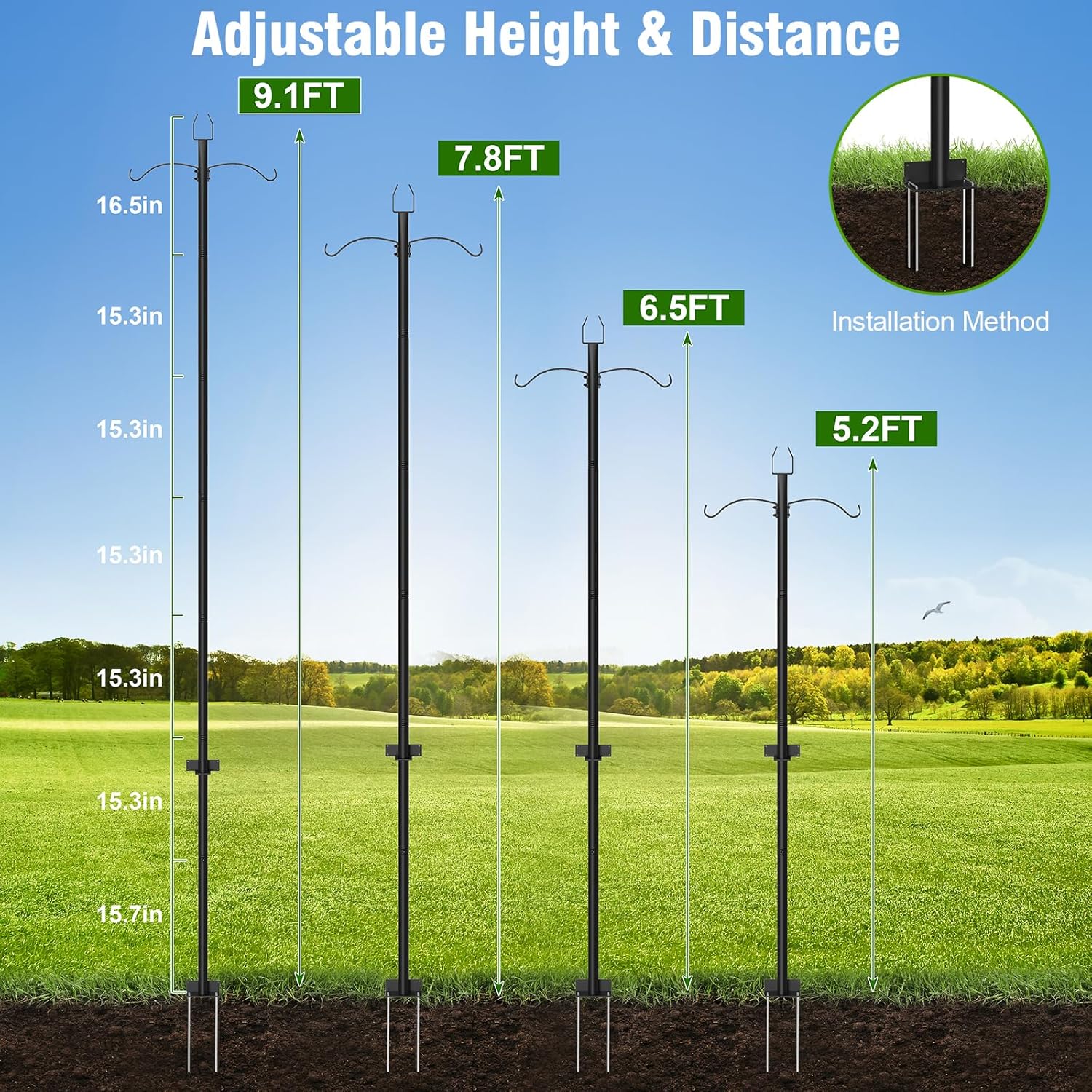 4 Pack String Light Poles, 9FT Outdoor Light Poles for String Lights with Shepherd Hooks for Bird Feeder, Heavy Duty Metal Poles for Patio Deck Decor, Adjustable Light Poles Outside for Plant Hanger