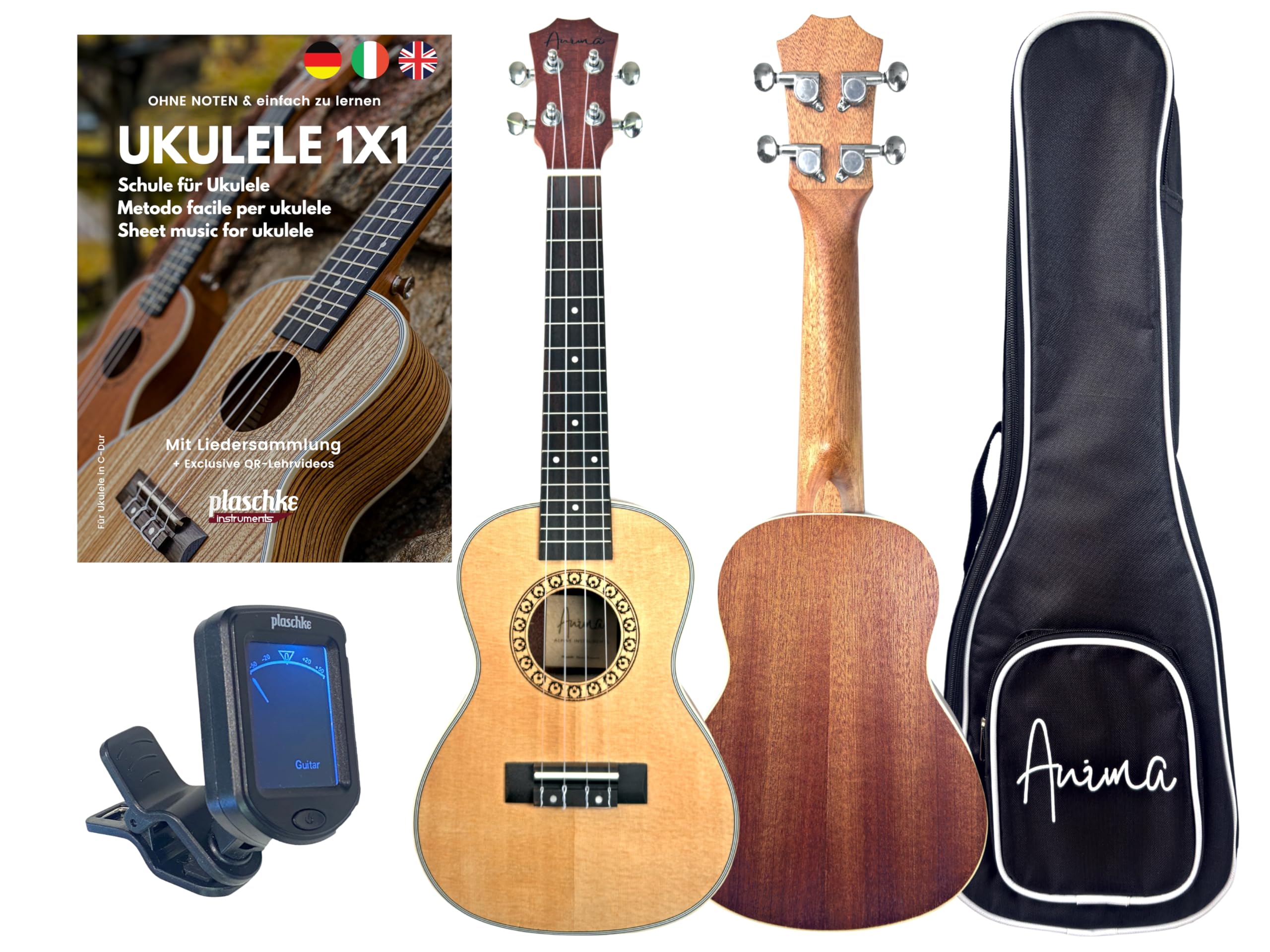 ANIMA Abeta Ukulele Concerto con tavola in abete e corpo in mogano – con custodia e metodo Ukulele per principianti e adulti