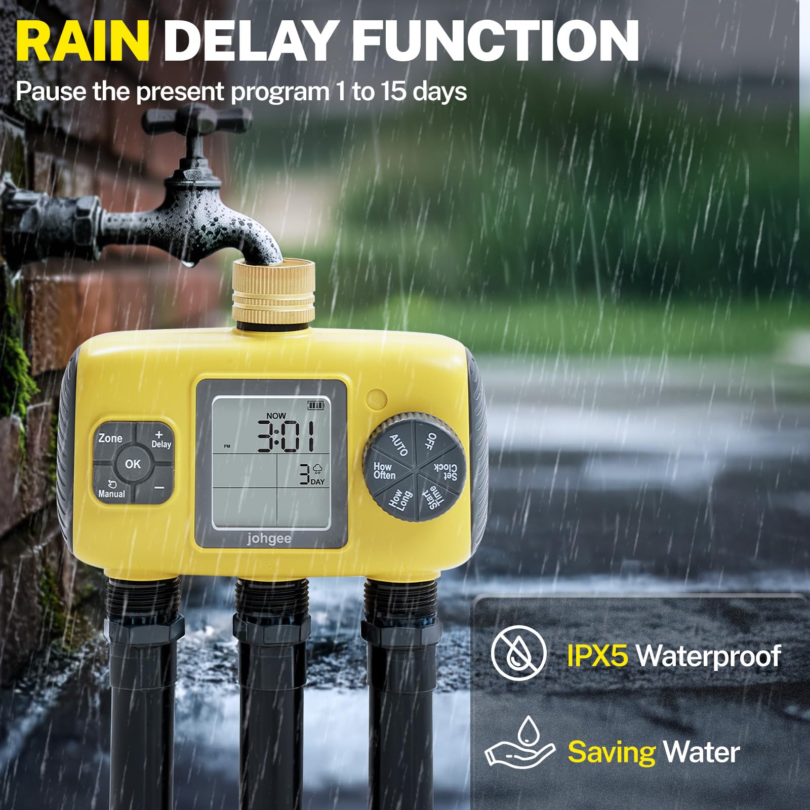 Johgee Programador Riego 3 Salidas con Entrada de latón, 3 programas de riego de Zonas Temporizador de riego de jardín, Temporizador de riego automático Modo retardado por Lluvia/Manual/automático
