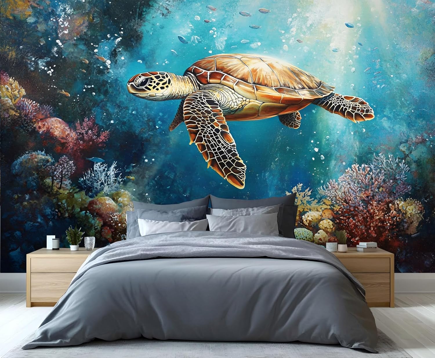Sea Turtle Mural, Ocean Life Wallpaper for Bedroom, Underwater World Living Room Wallpaper, 3D Indoor Background Wall Large Mural 137" x 100"