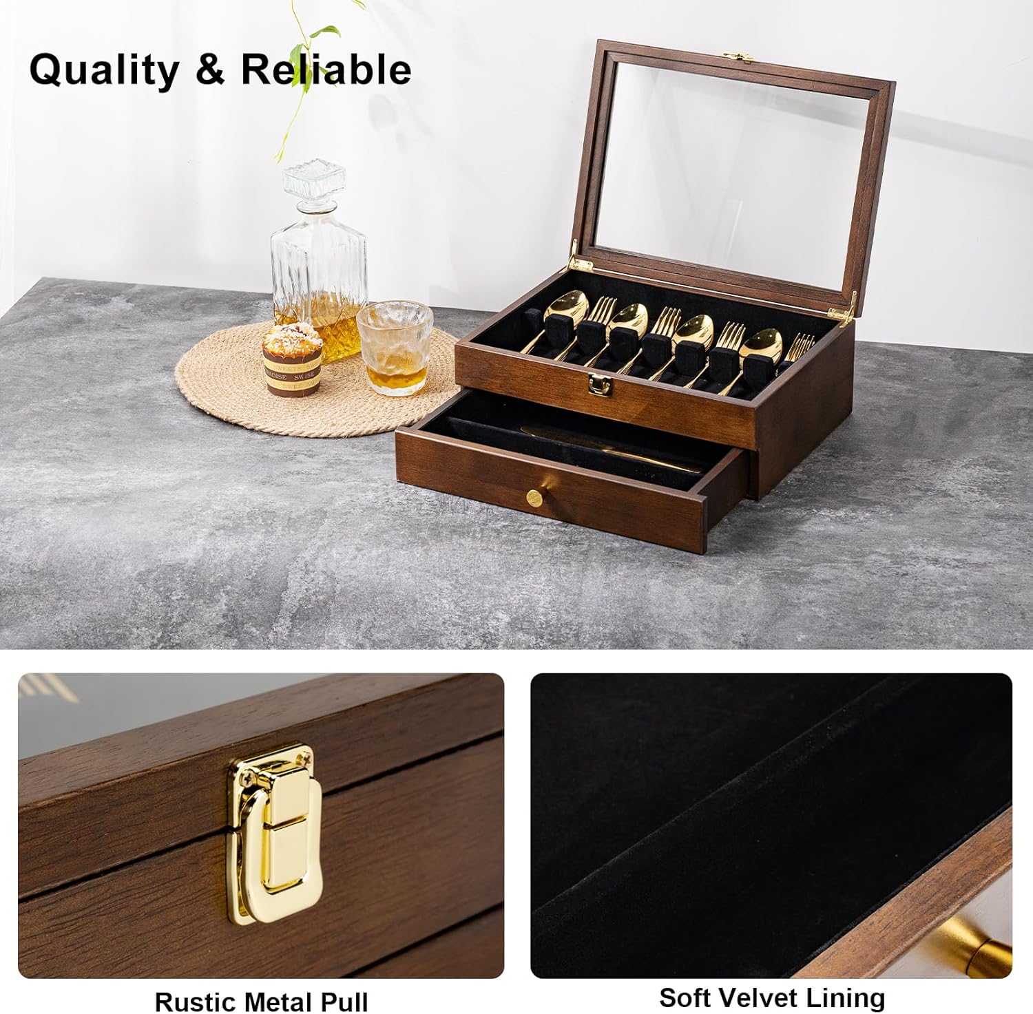 Silverware Box, 2-Layer Wooden Silverware Storage Box with Glass Lid, 14.5×10.6 Inches Luxury Style Decor Flatware Storage Case for Fine Flatware & Utensils, Gift Idea (Walnut) - Image 4