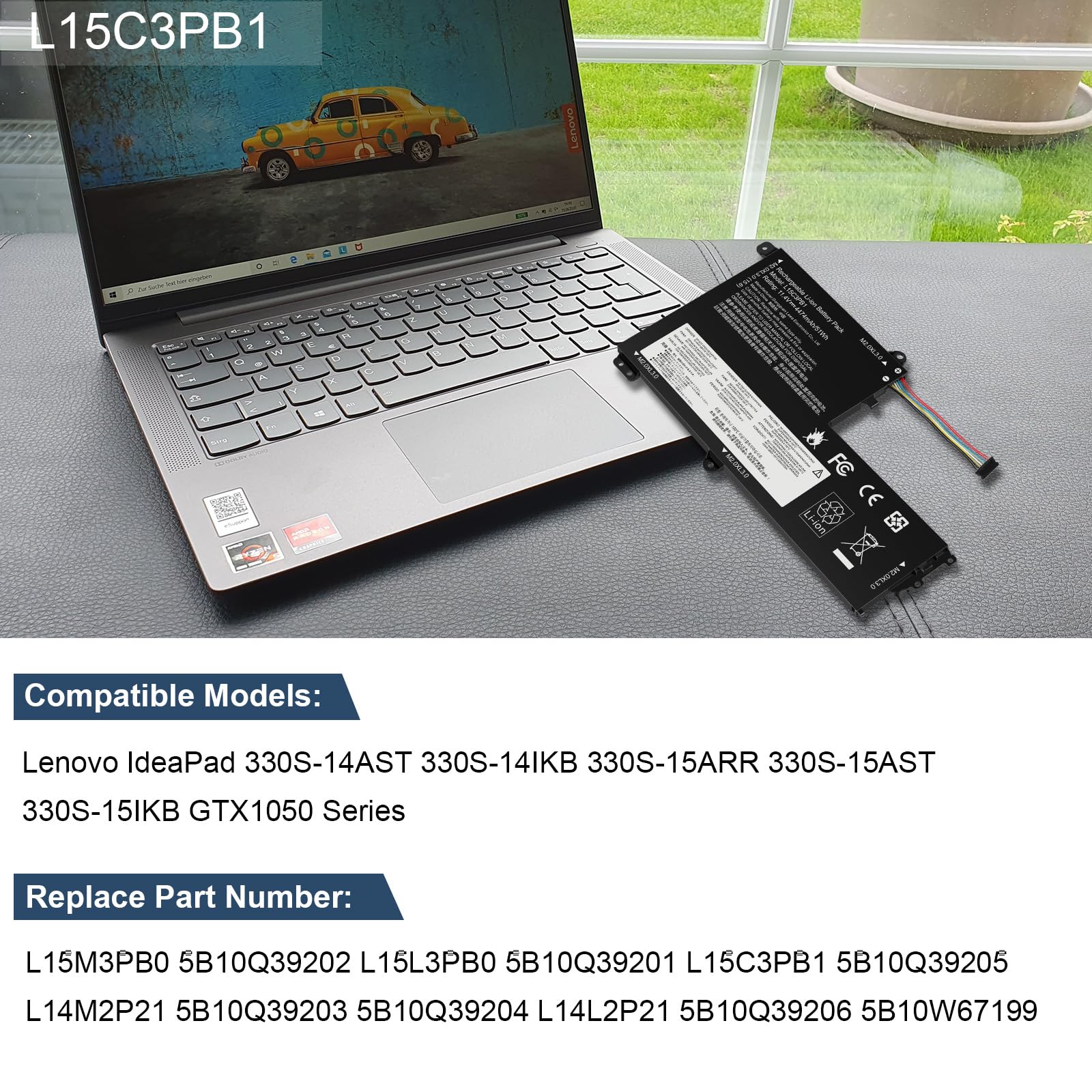 ASUNCELL 11.4V/51Wh L15C3PB1 Batterie d'ordinateur Portable pour Lenovo IdeaPad 330S-14AST 330S-14IKB 330S-15ARR 330S-15AST 330S-15IKB GTX1050 Series, L15M3PB0 5B10Q39202 L15L3PB0