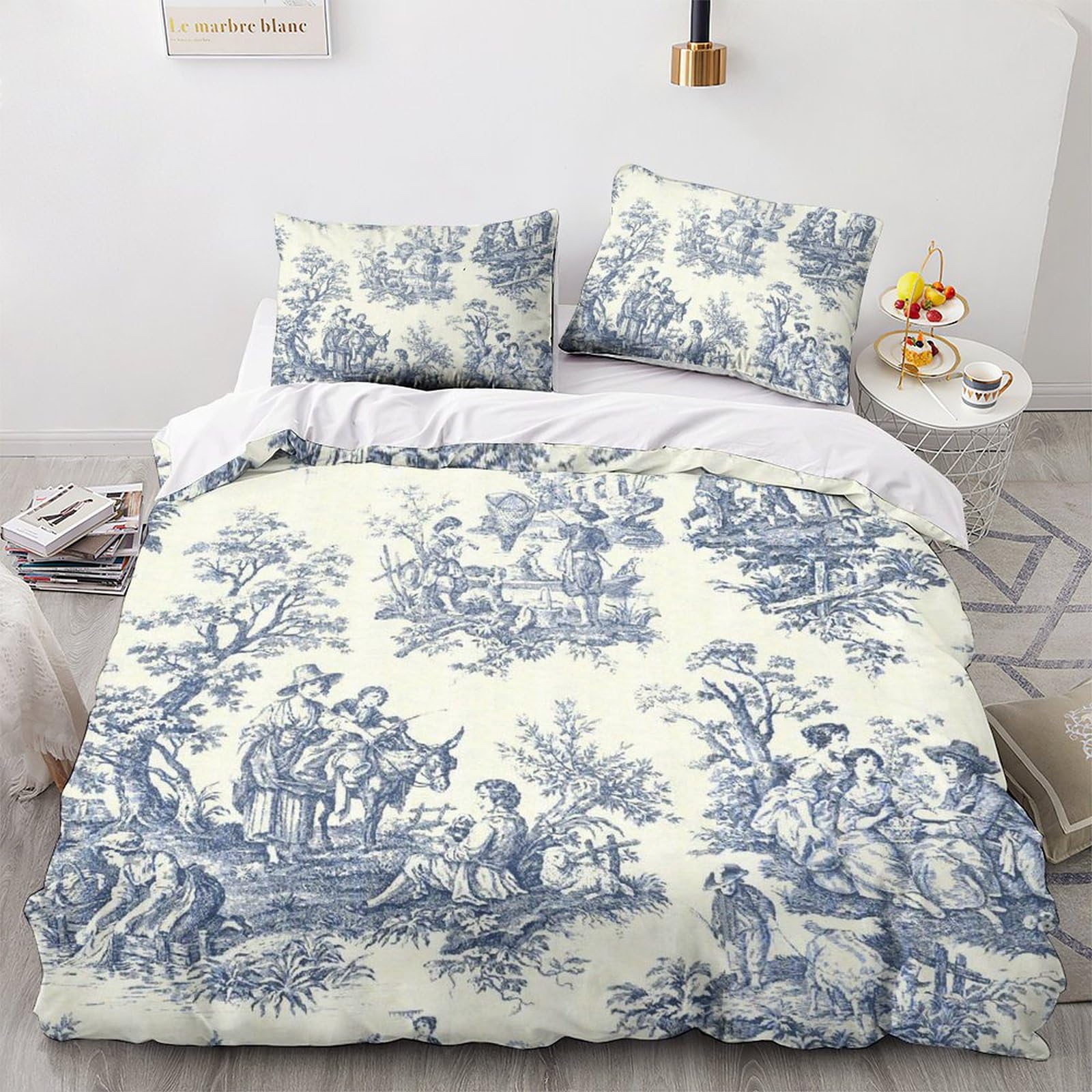 Lently Motif Of Toile De Jouy Duvet Cover With Pillowcases 3D Printed Bedding Set With Zipper Closure Unique Design Anti-Allergic Quilt Cover Double（200X200cm）