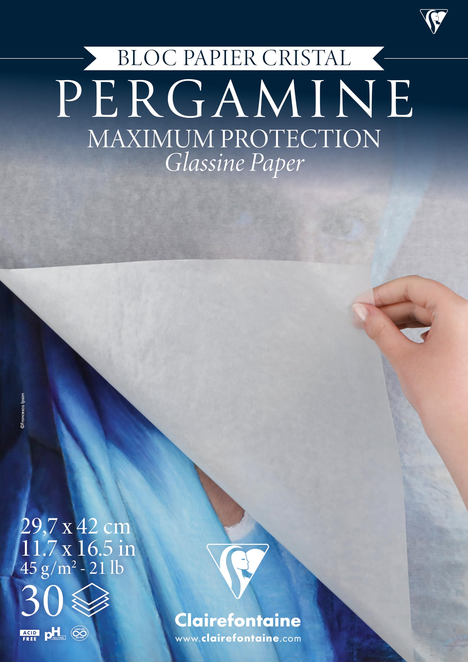 Clairefontaine 976101C A3 Glazed Pergamine Pad 29.7x42 cm 45g - 30 Sheets of Flexible, Slightly Transparent Crystal Paper - Ideal for Protecting Drawings