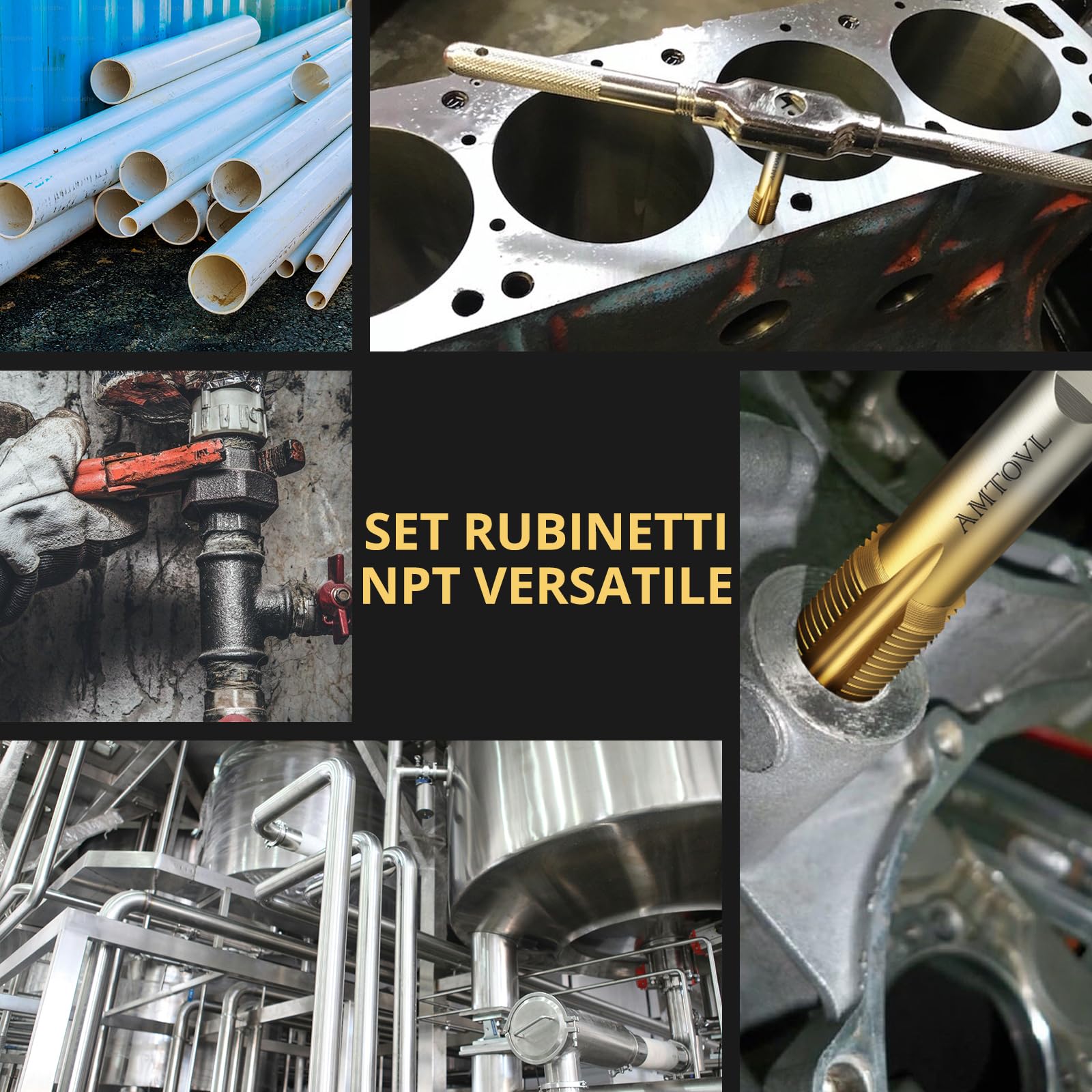 AMTOVL 6 PZ Set di Rubinetti per Tubi NPT Kit di Strumenti Idraulici per Filettatura in Acciaio al Carbonio da 1/8", 1/4", 3/8", 1/2", 3/4", 1" per idraulici pulire e rifilare filettature danneggiate
